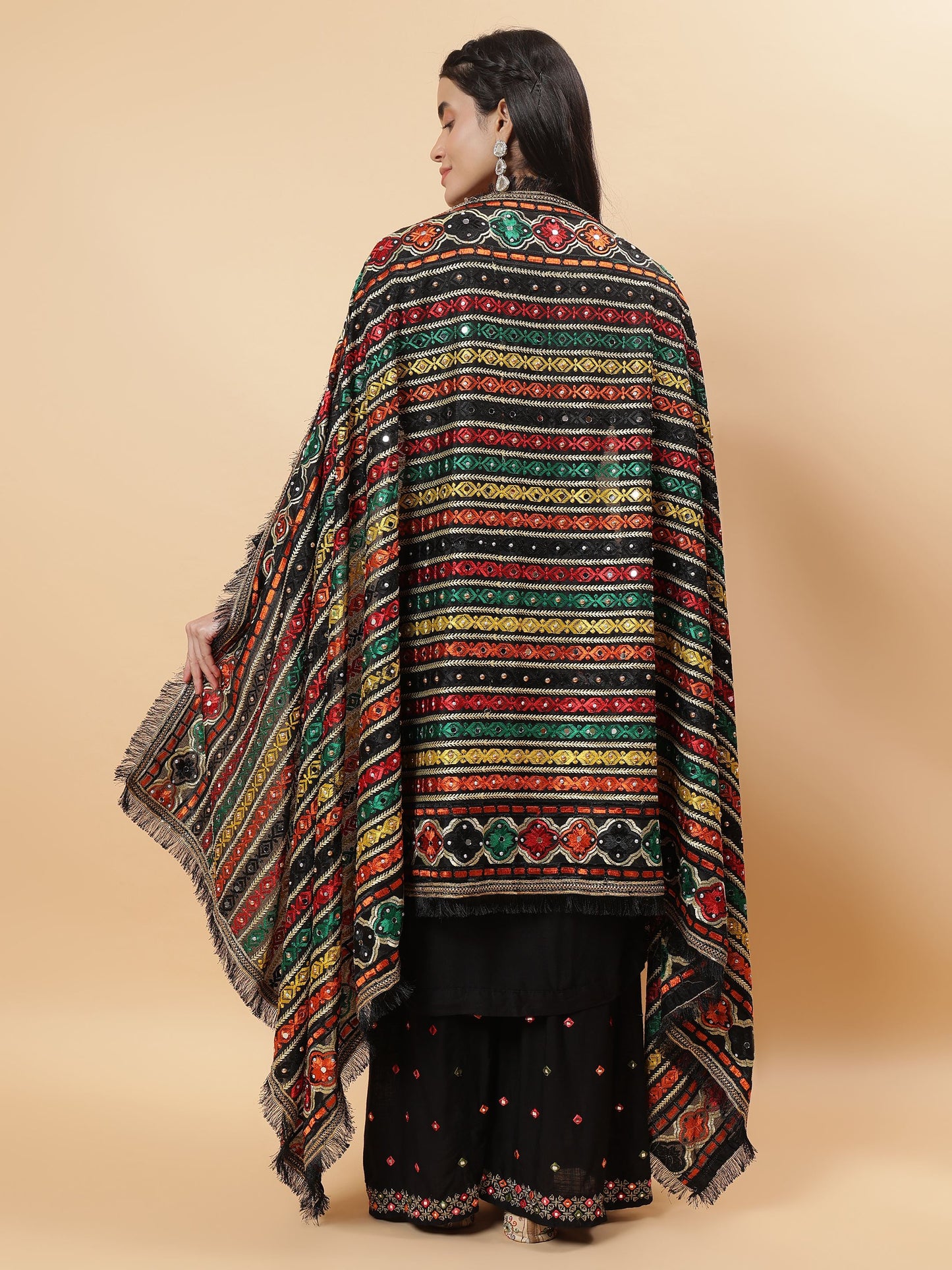 Black Multicolor Striped Pattern Phulkari Dupatta with Mirror Work | MCMMPD0271