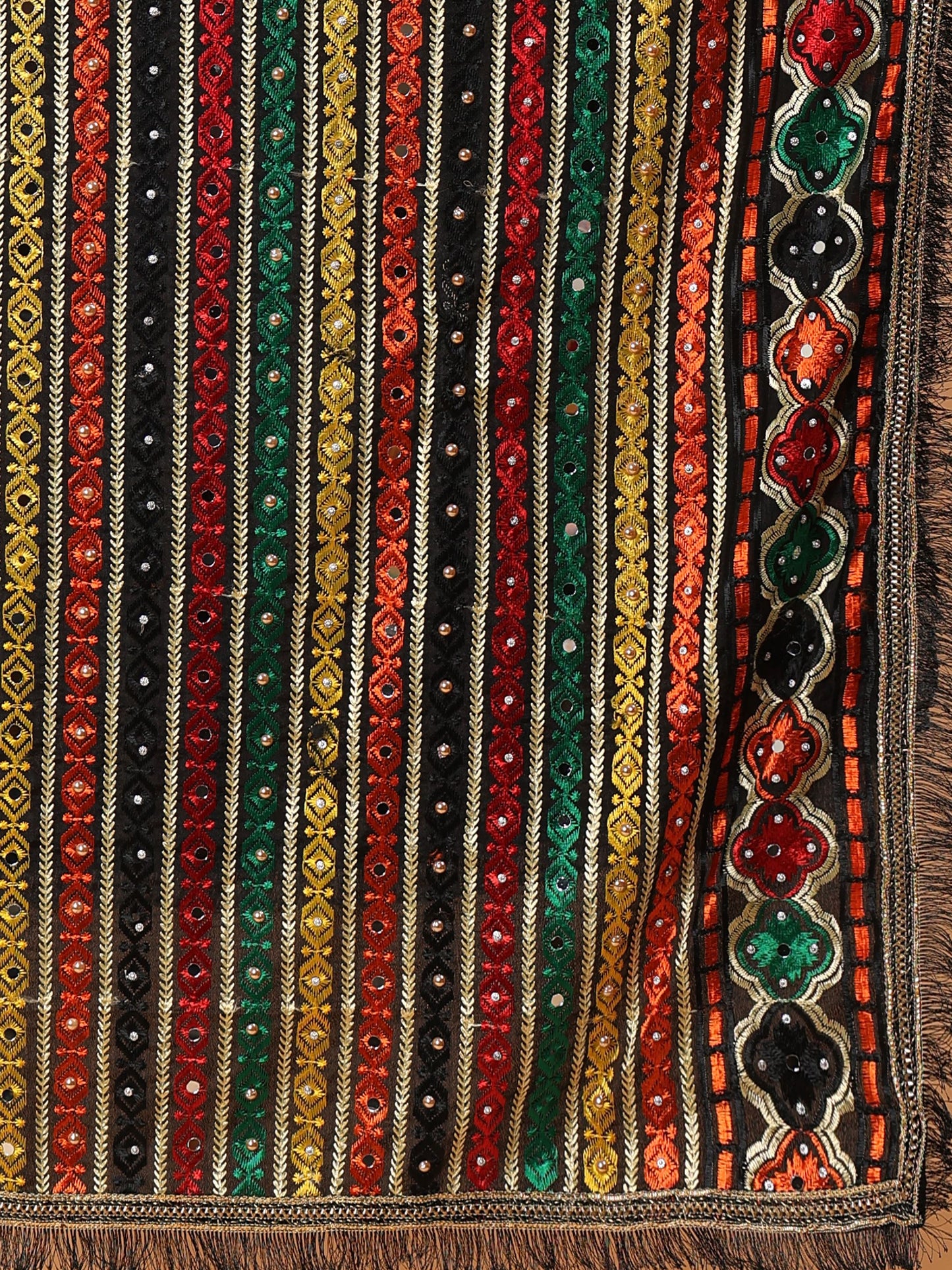 Black Multicolor Striped Pattern Phulkari Dupatta with Mirror Work | MCMMPD0271