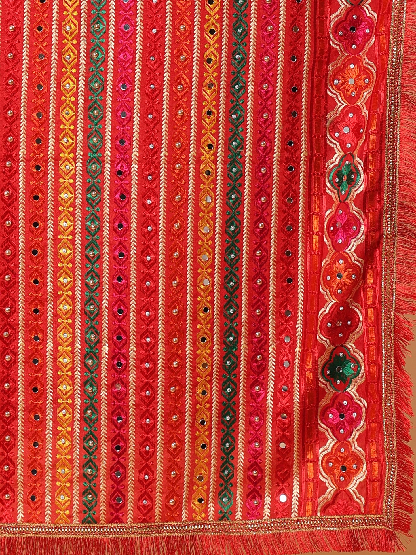 Red Multicolor Striped Pattern Phulkari Dupatta with Mirror Work | MCMMPD0273