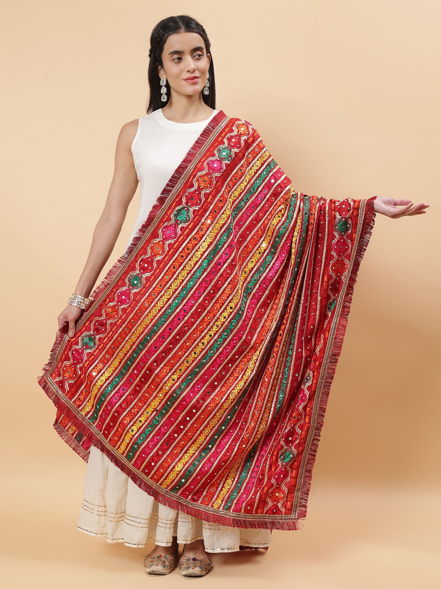 Maroon Multicolor Striped Pattern Phulkari Dupatta with Mirror Work | MCMMPD0274