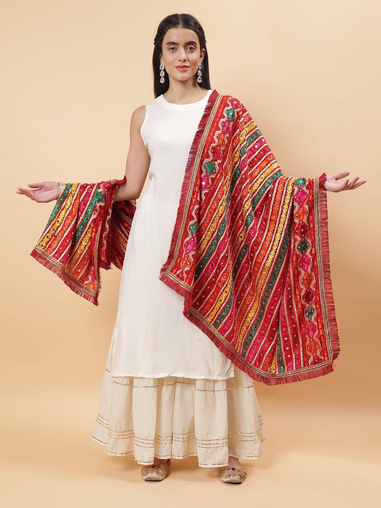 Maroon Multicolor Striped Pattern Phulkari Dupatta with Mirror Work | MCMMPD0274