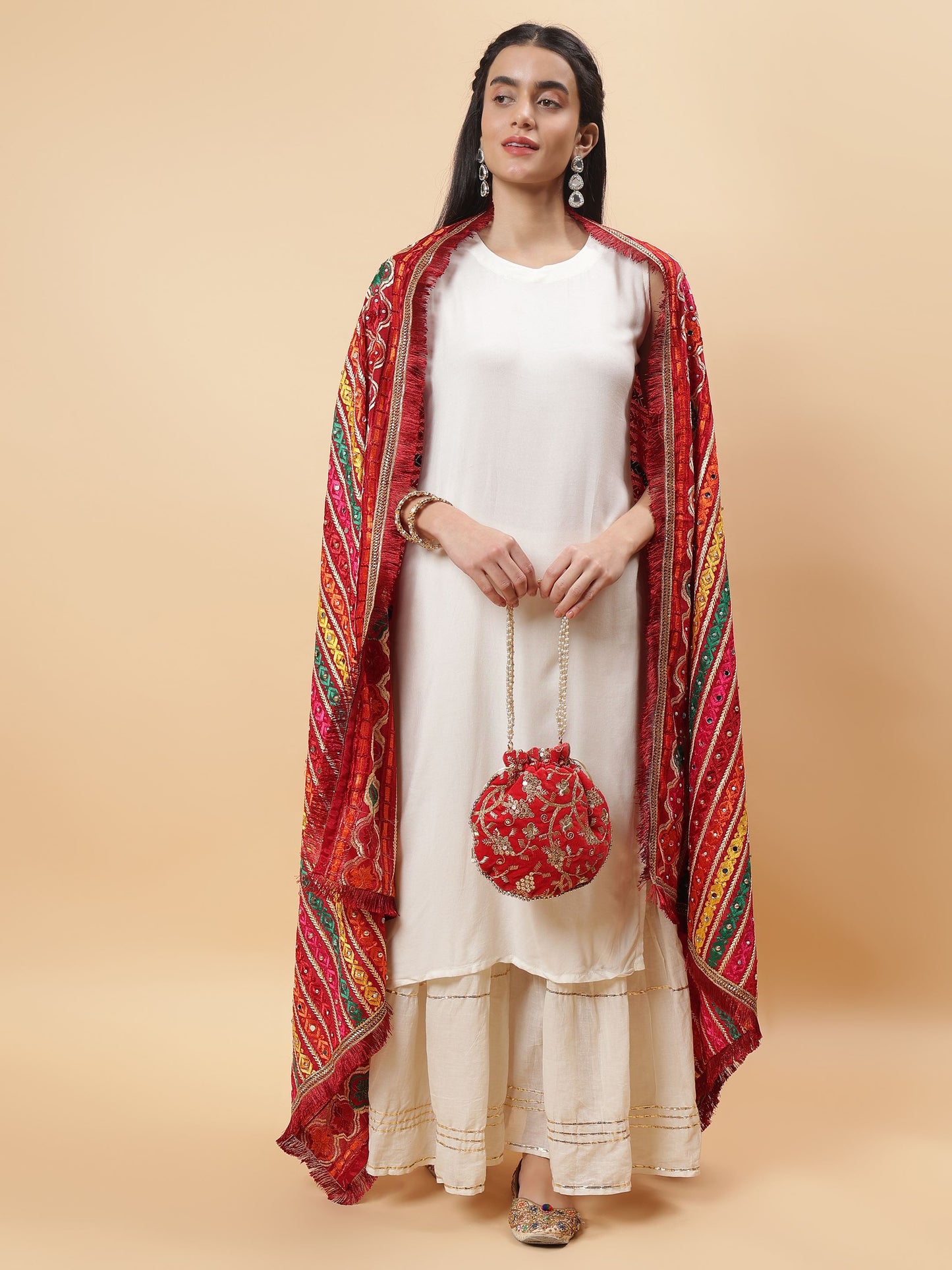 Maroon Multicolor Striped Pattern Phulkari Dupatta with Mirror Work | MCMMPD0274