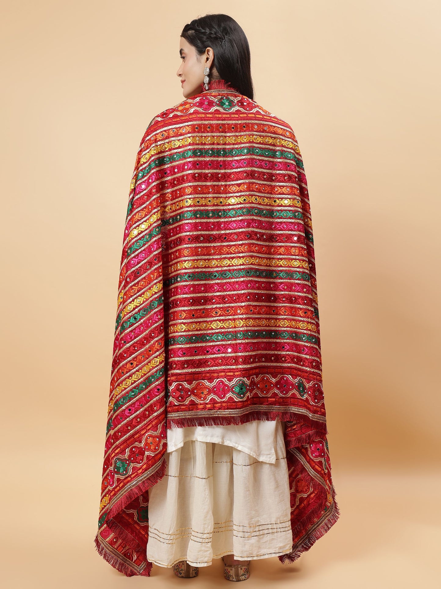 Maroon Multicolor Striped Pattern Phulkari Dupatta with Mirror Work | MCMMPD0274