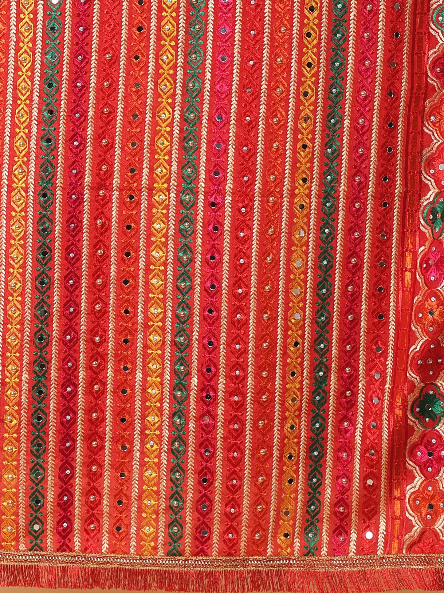 Maroon Multicolor Striped Pattern Phulkari Dupatta with Mirror Work | MCMMPD0274