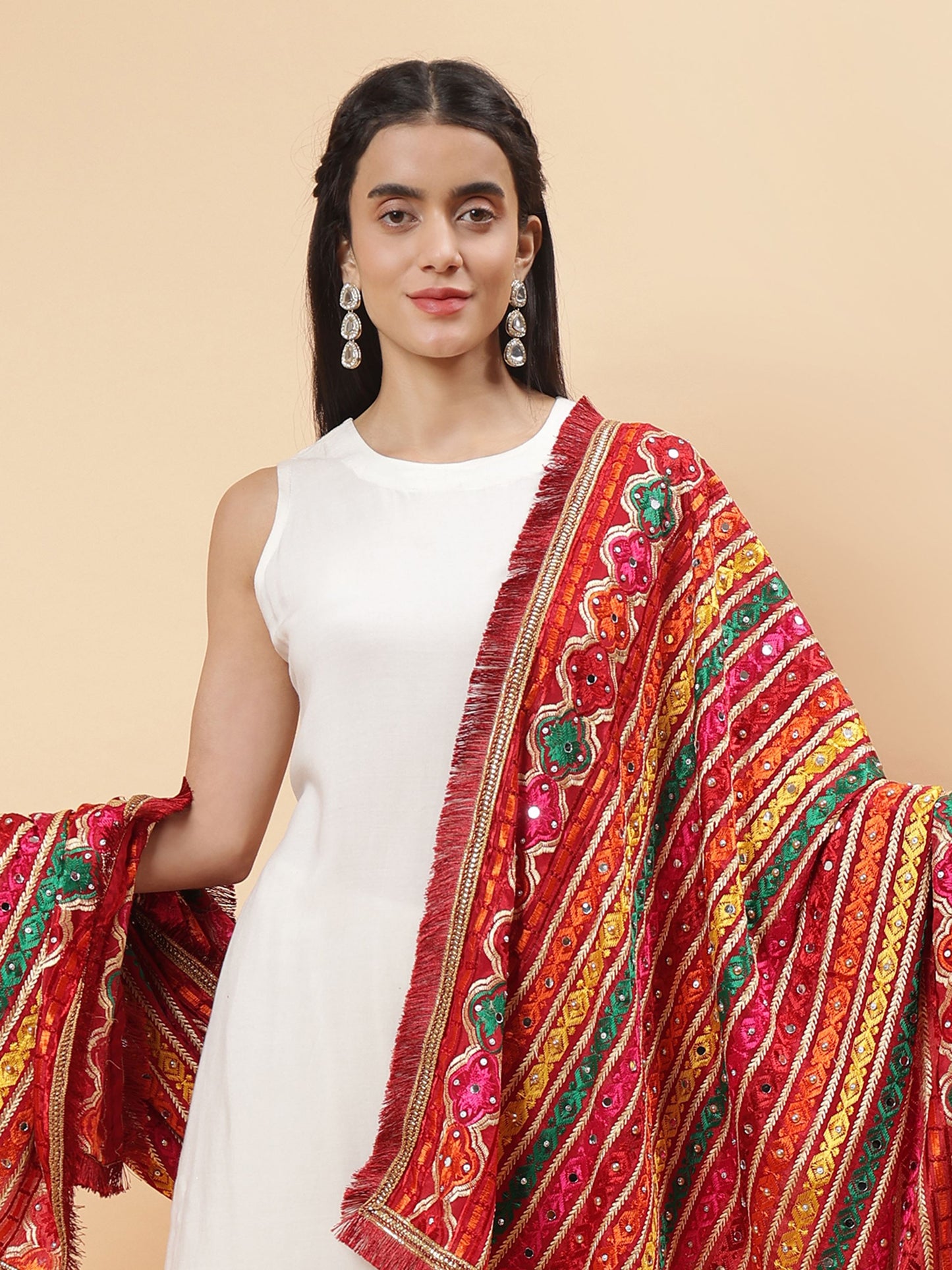 Maroon Multicolor Striped Pattern Phulkari Dupatta with Mirror Work | MCMMPD0274