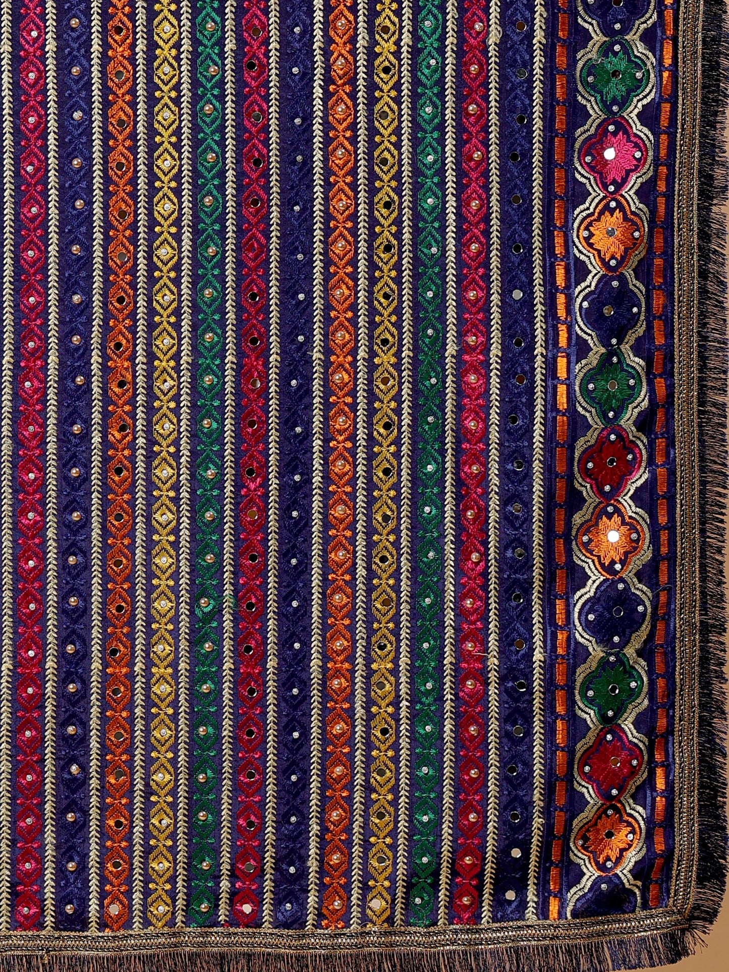 Navy Blue Multicolor  Striped Pattern Phulkari Dupatta with Mirror Work | MCMMPD0276