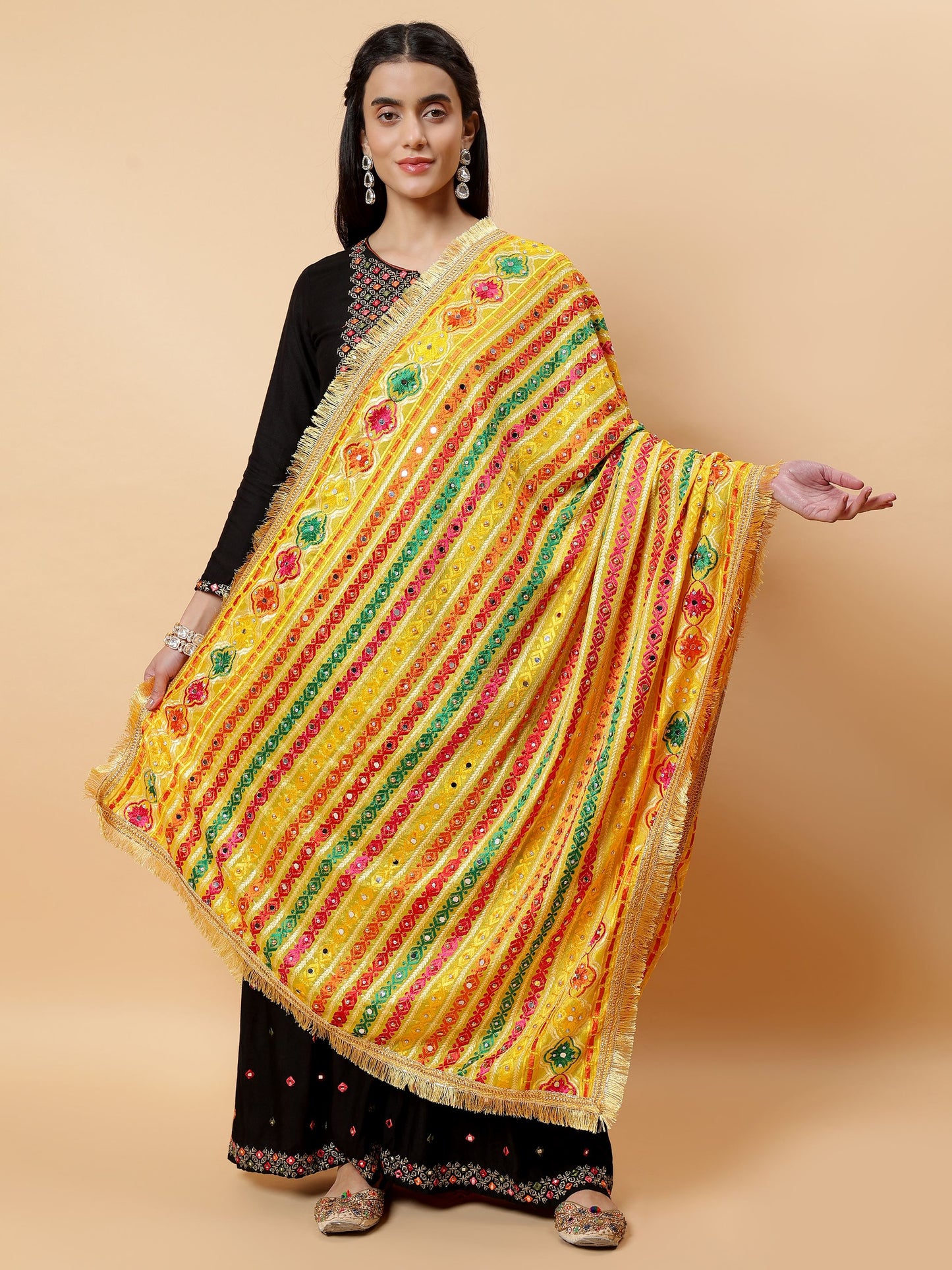 Yellow Multicolor Striped Pattern Phulkari Dupatta with Mirror Work | MCMMPD0279