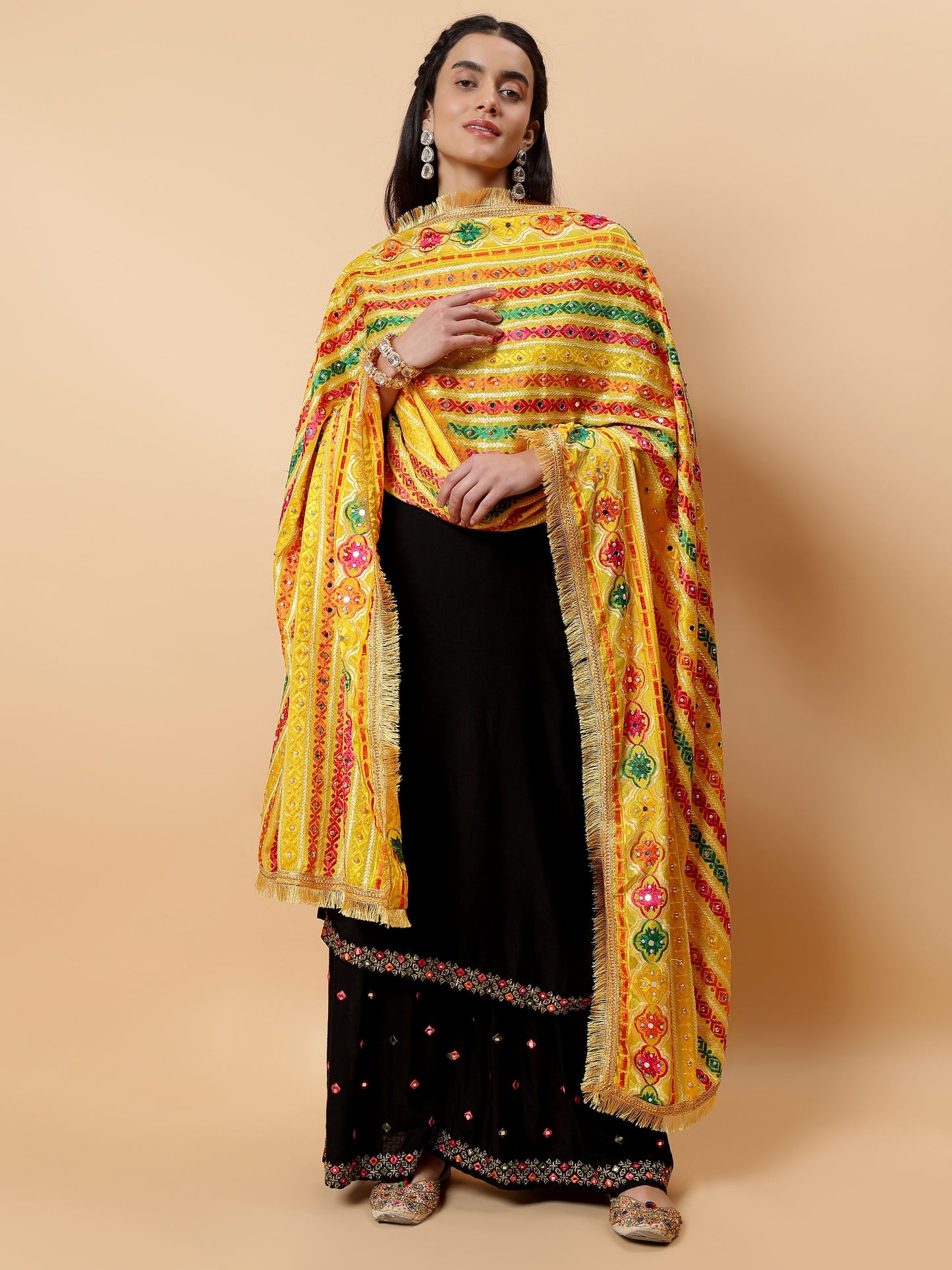 Yellow Multicolor Striped Pattern Phulkari Dupatta with Mirror Work | MCMMPD0279