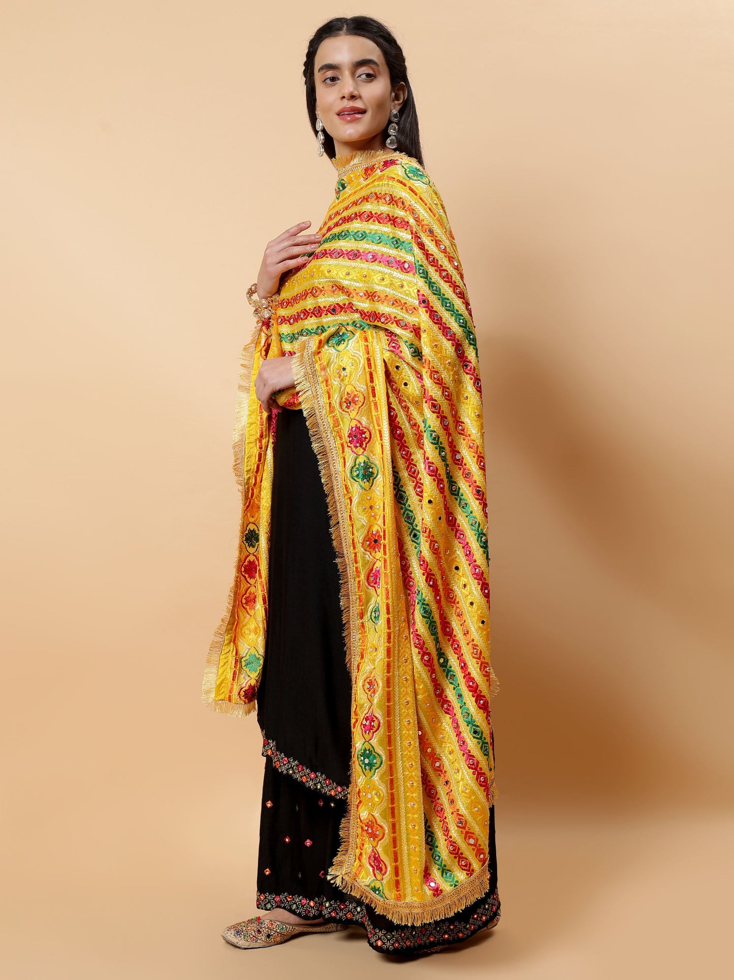 Yellow Multicolor Striped Pattern Phulkari Dupatta with Mirror Work | MCMMPD0279