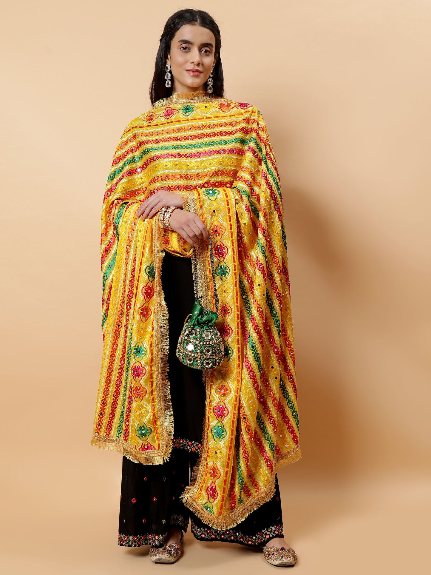 Yellow Multicolor Striped Pattern Phulkari Dupatta with Mirror Work | MCMMPD0279