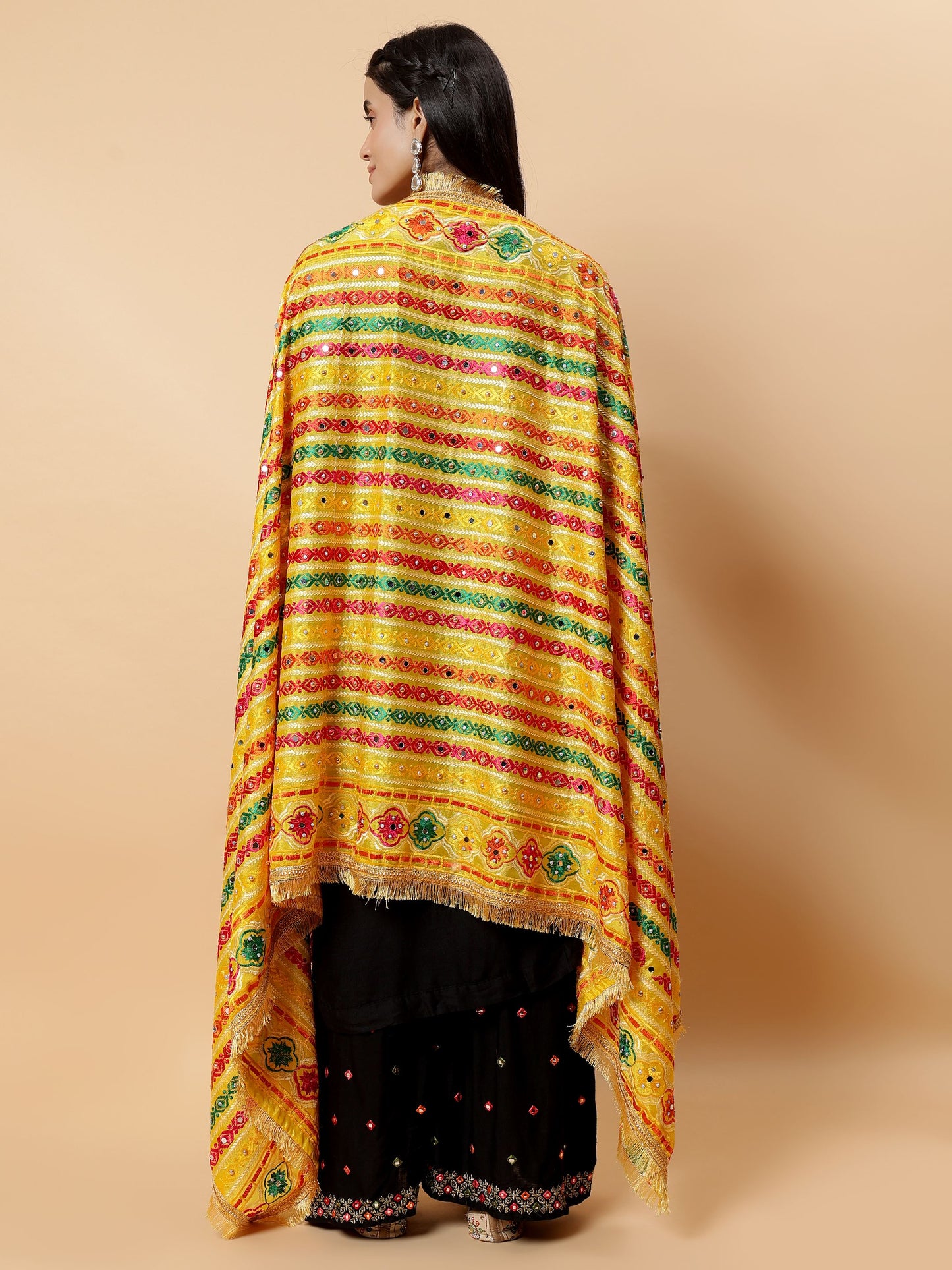 Yellow Multicolor Striped Pattern Phulkari Dupatta with Mirror Work | MCMMPD0279