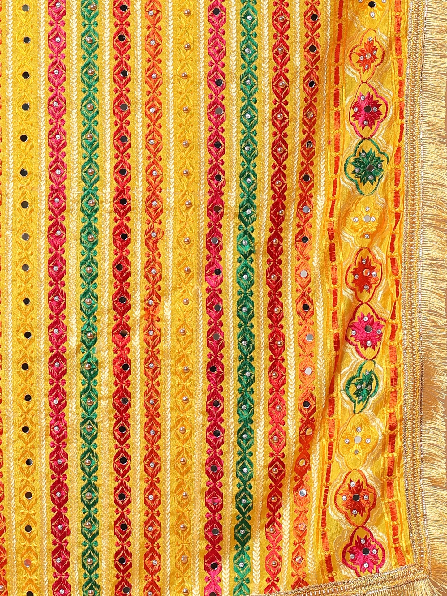 Yellow Multicolor Striped Pattern Phulkari Dupatta with Mirror Work | MCMMPD0279