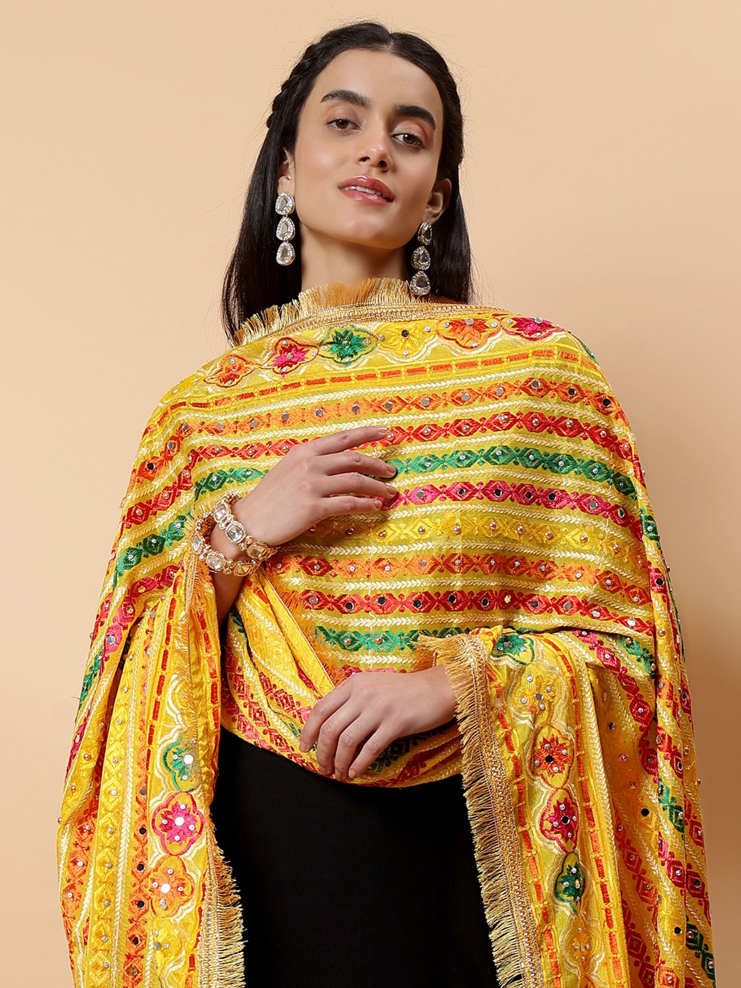 Yellow Multicolor Striped Pattern Phulkari Dupatta with Mirror Work | MCMMPD0279