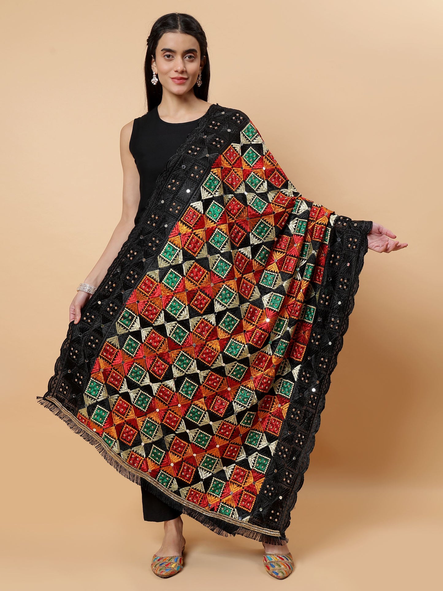 Black Multicolor Phulkari Dupattawith Mirror Work | MCMMPD0281