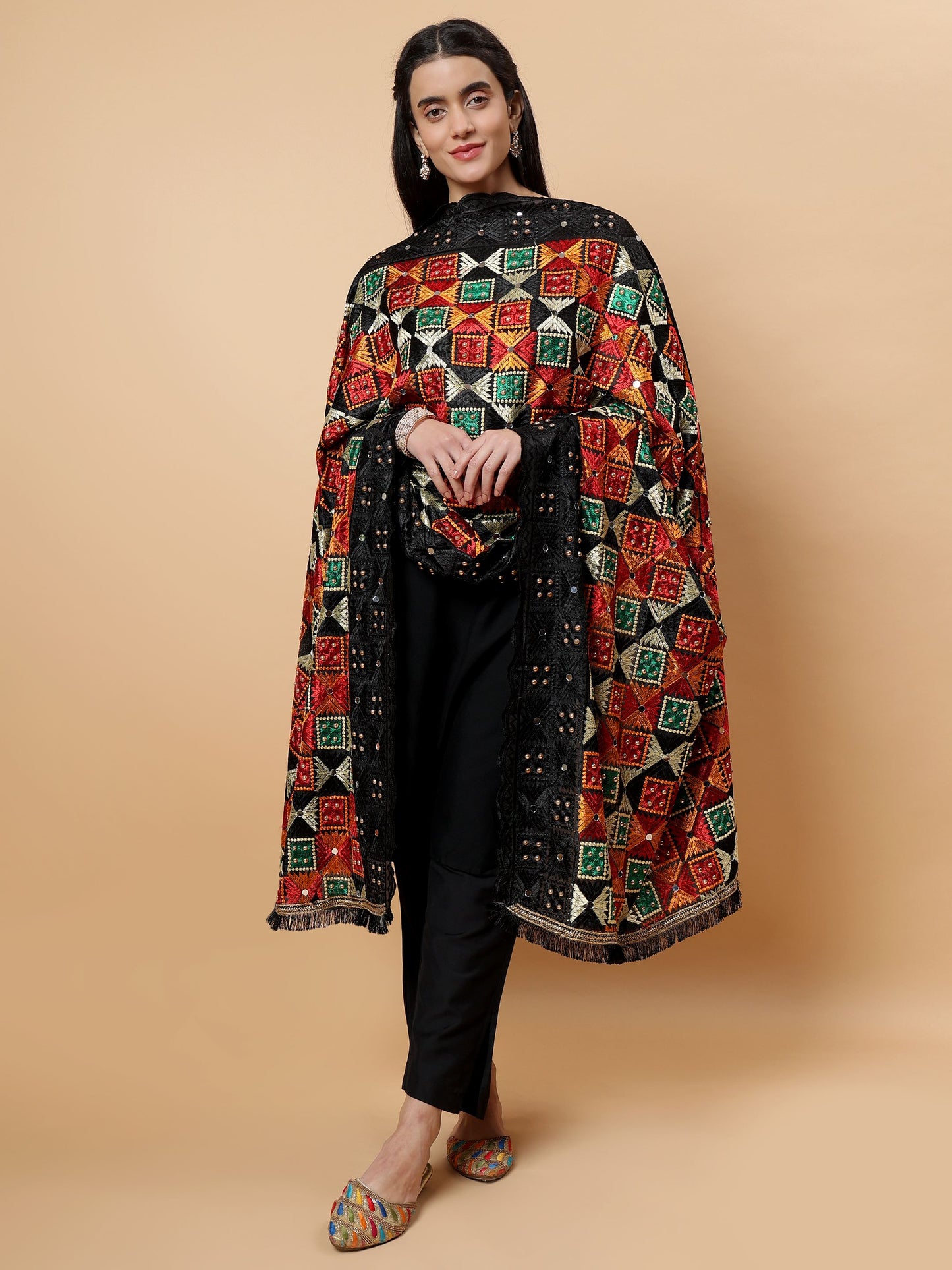 Black Multicolor Phulkari Dupattawith Mirror Work | MCMMPD0281