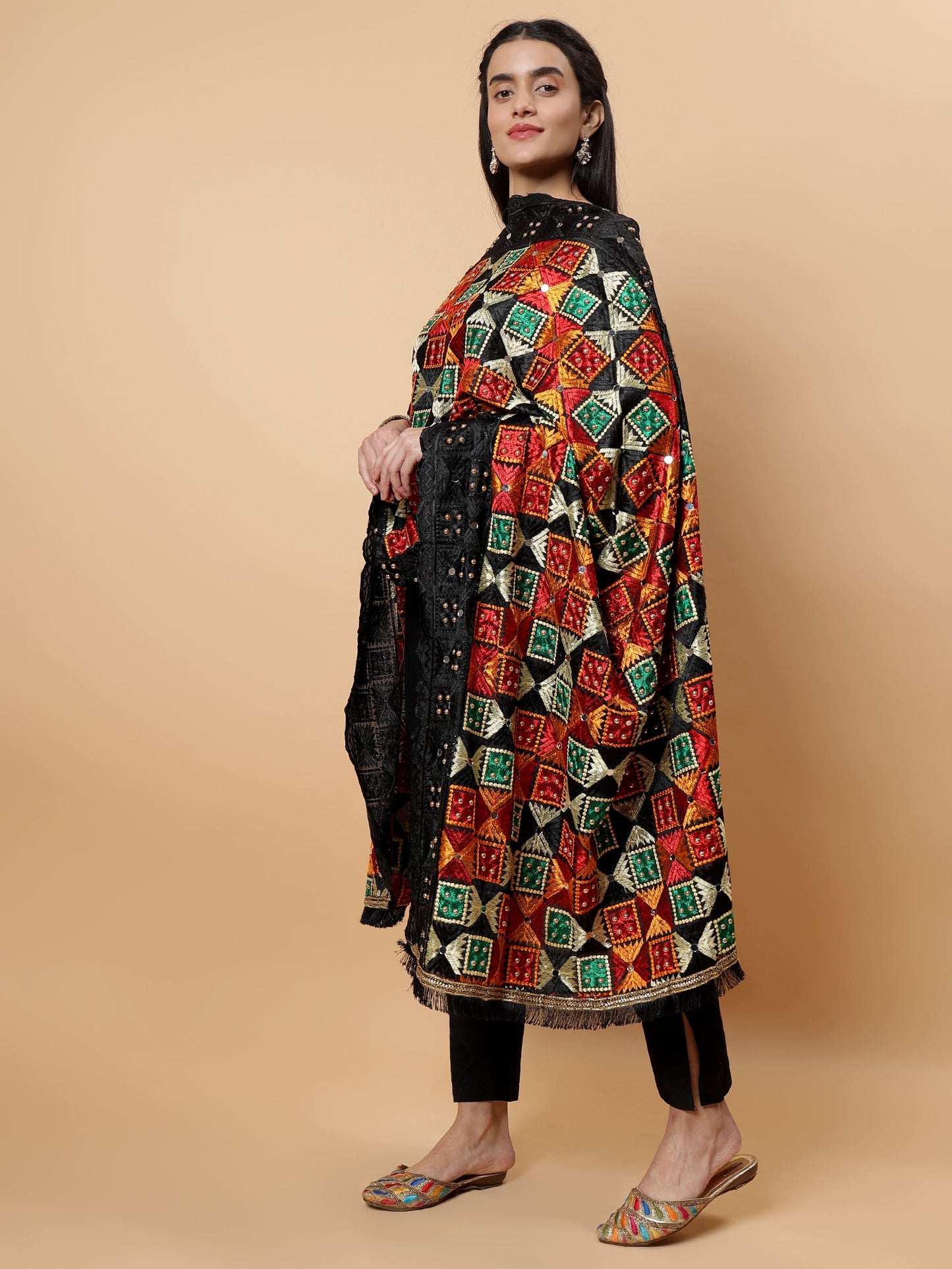 Black Multicolor Phulkari Dupattawith Mirror Work | MCMMPD0281