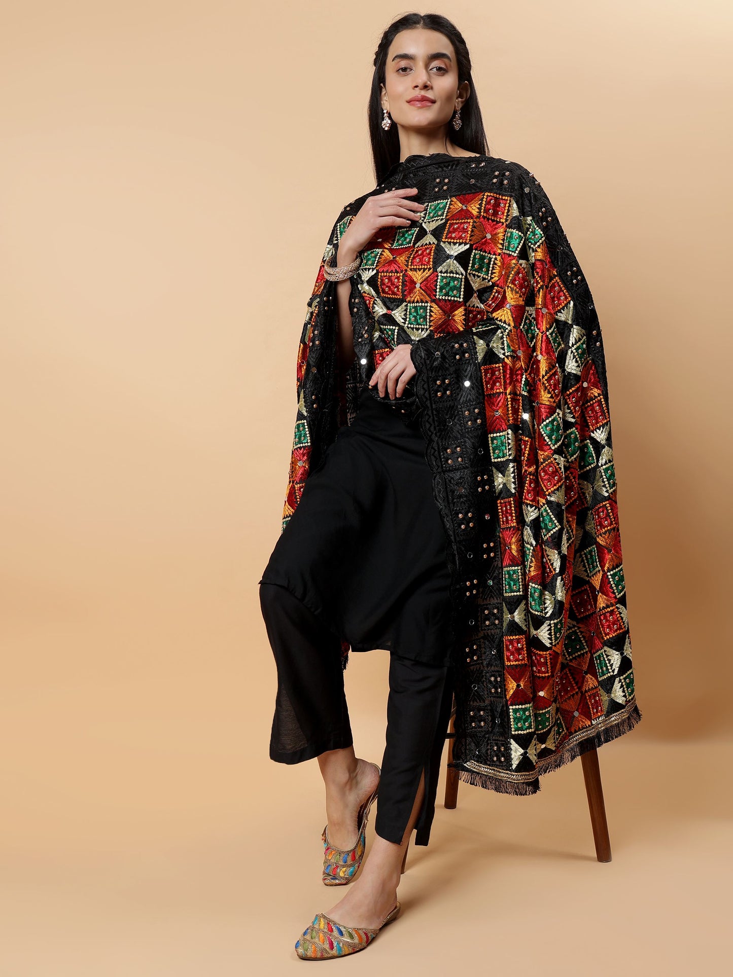 Black Multicolor Phulkari Dupattawith Mirror Work | MCMMPD0281