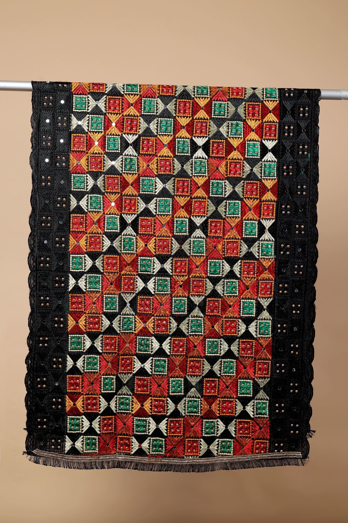 Black Multicolor Phulkari Dupattawith Mirror Work | MCMMPD0281