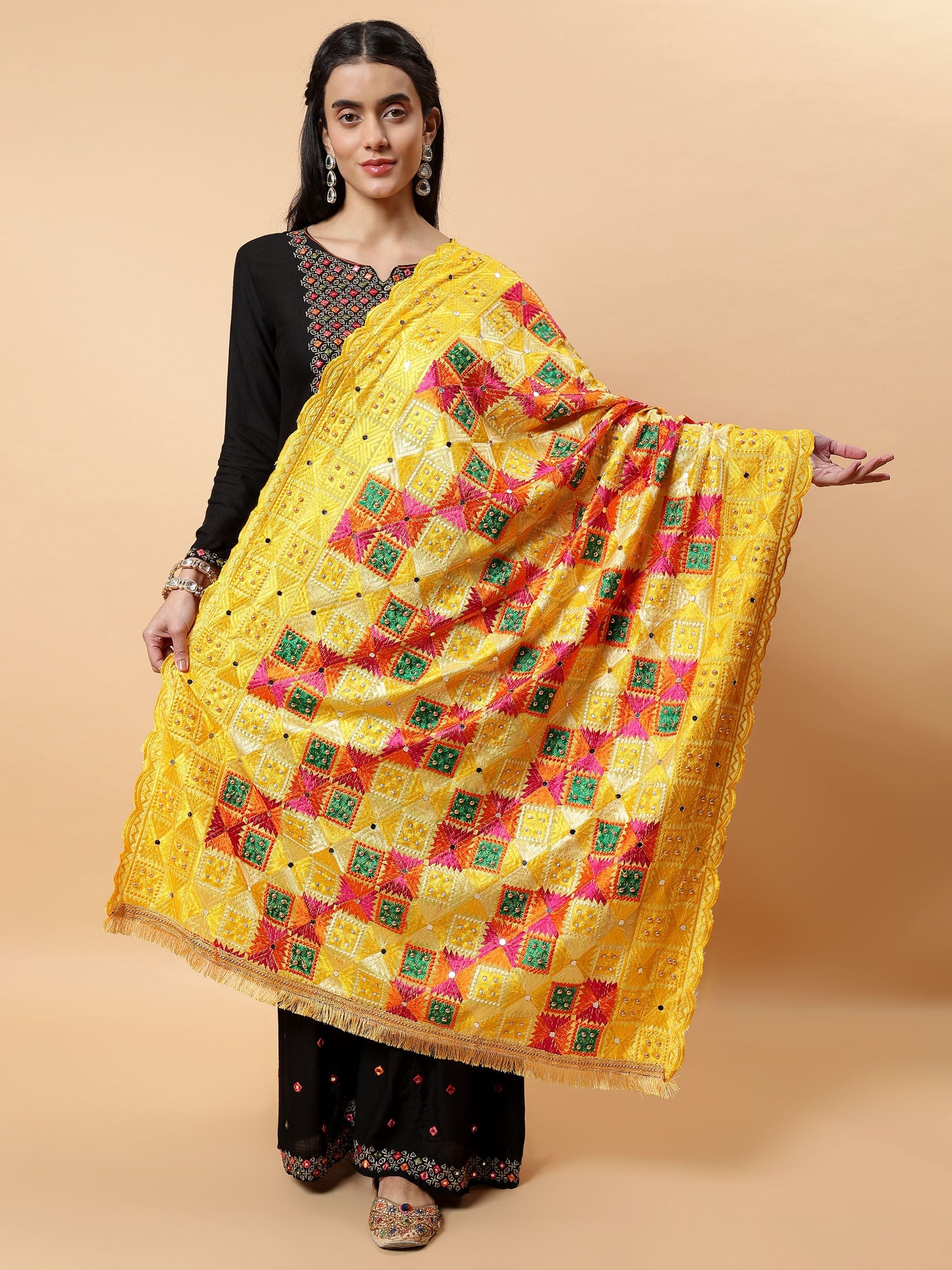 Yellow Multicolor Phulkari Dupatta with Mirror Work | MCMMPD0289