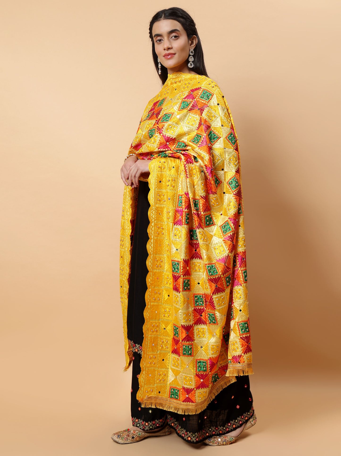 Yellow Multicolor Phulkari Dupatta with Mirror Work | MCMMPD0289