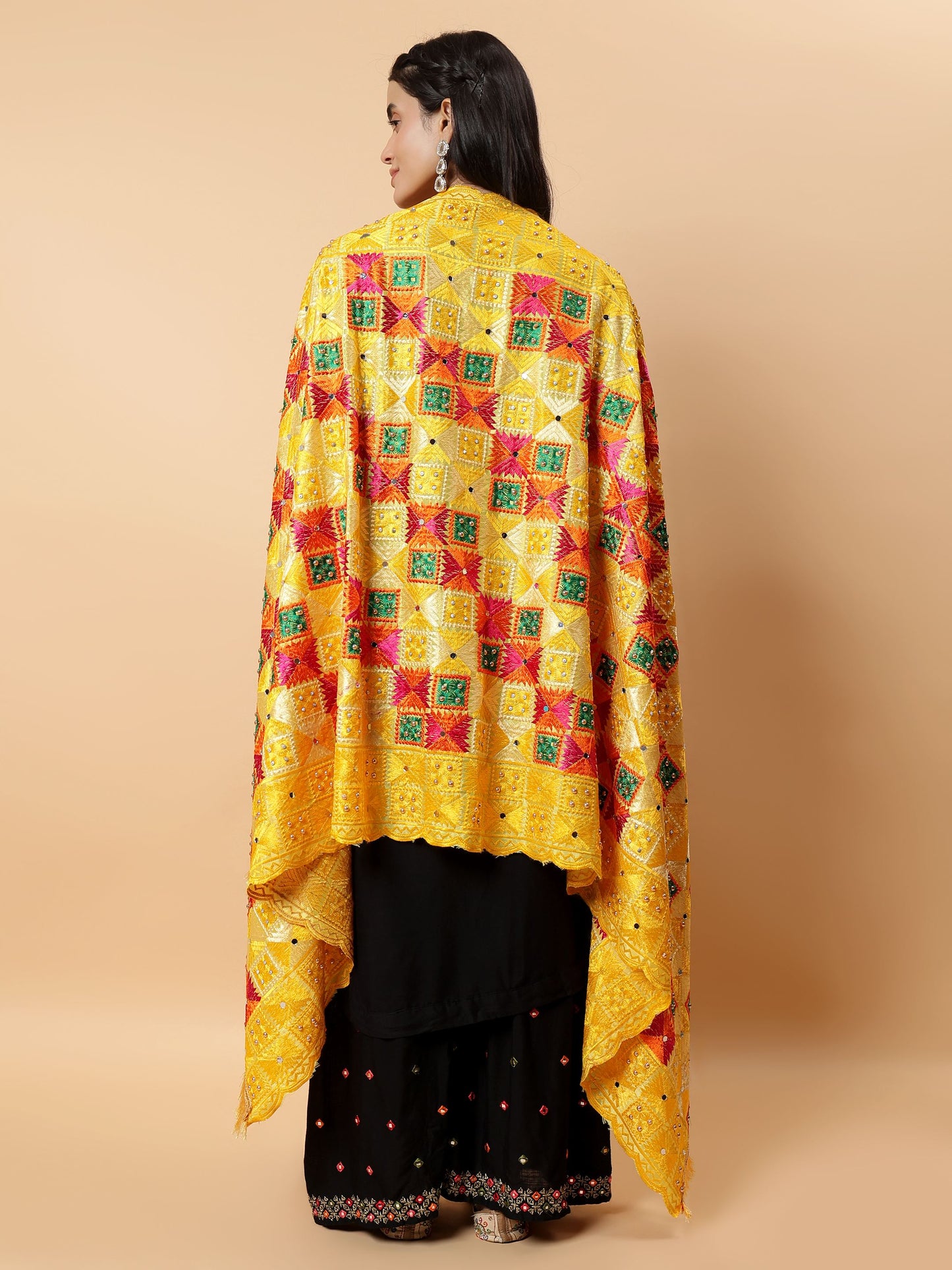 Yellow Multicolor Phulkari Dupatta with Mirror Work | MCMMPD0289