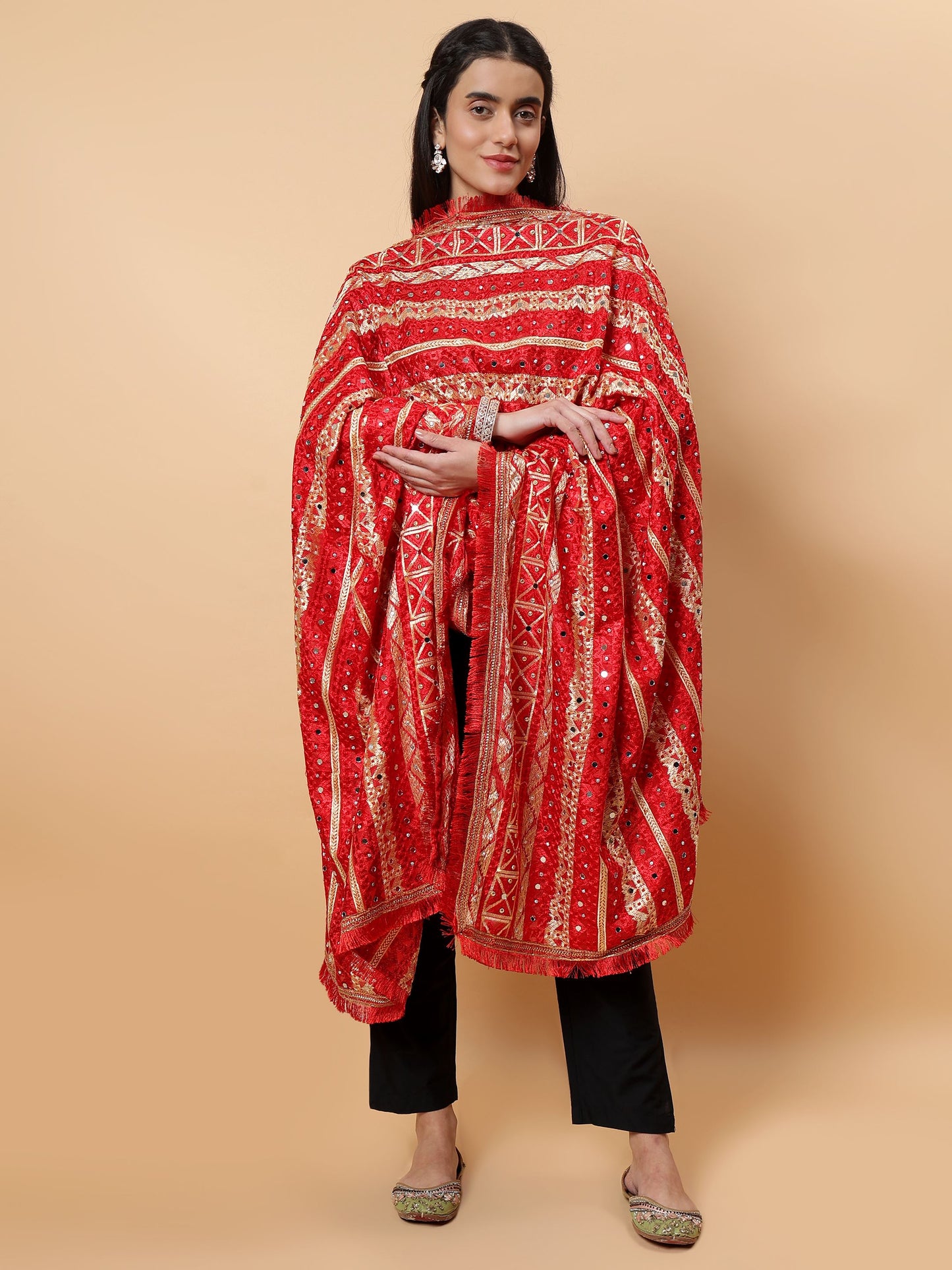 Red Multicolor Phulkari Dupattawith Mirror Work | MCMMPD0293
