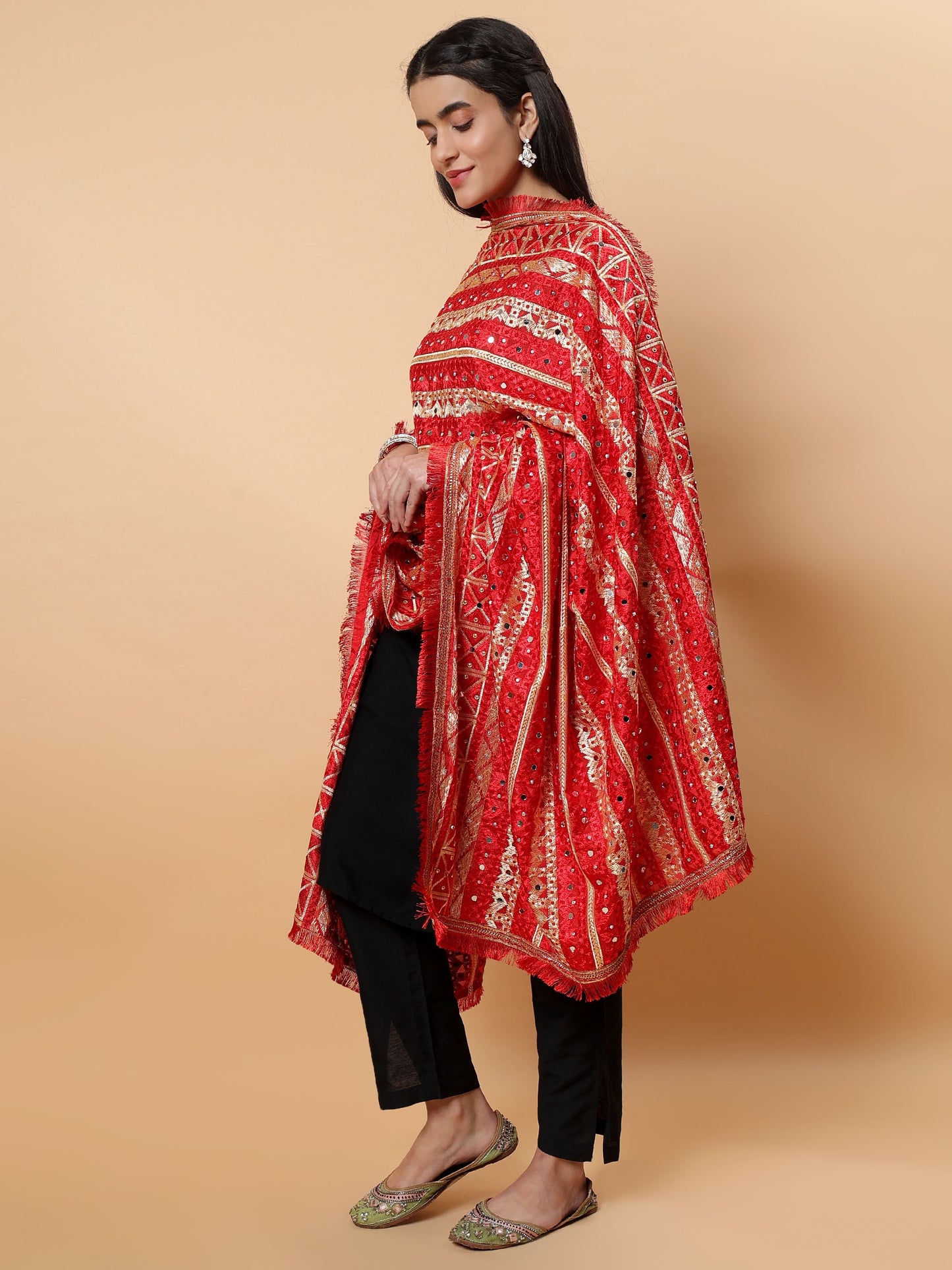 Red Multicolor Phulkari Dupattawith Mirror Work | MCMMPD0293