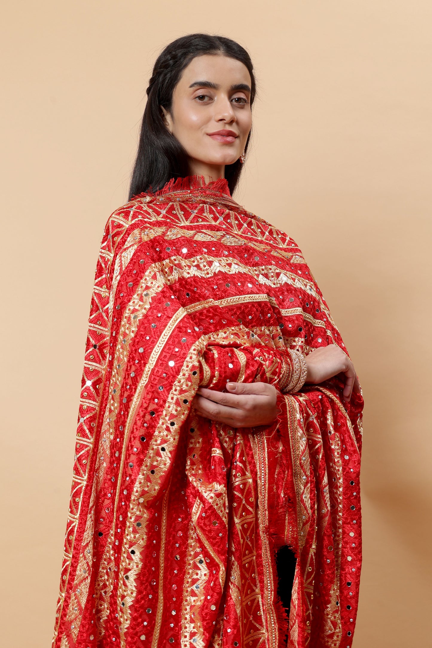 Red Multicolor Phulkari Dupattawith Mirror Work | MCMMPD0293