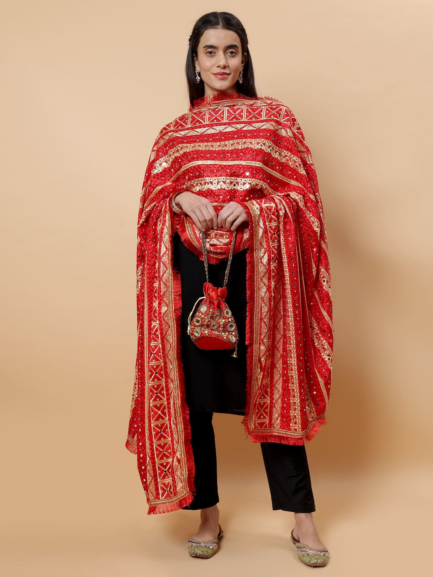 Red Multicolor Phulkari Dupattawith Mirror Work | MCMMPD0293