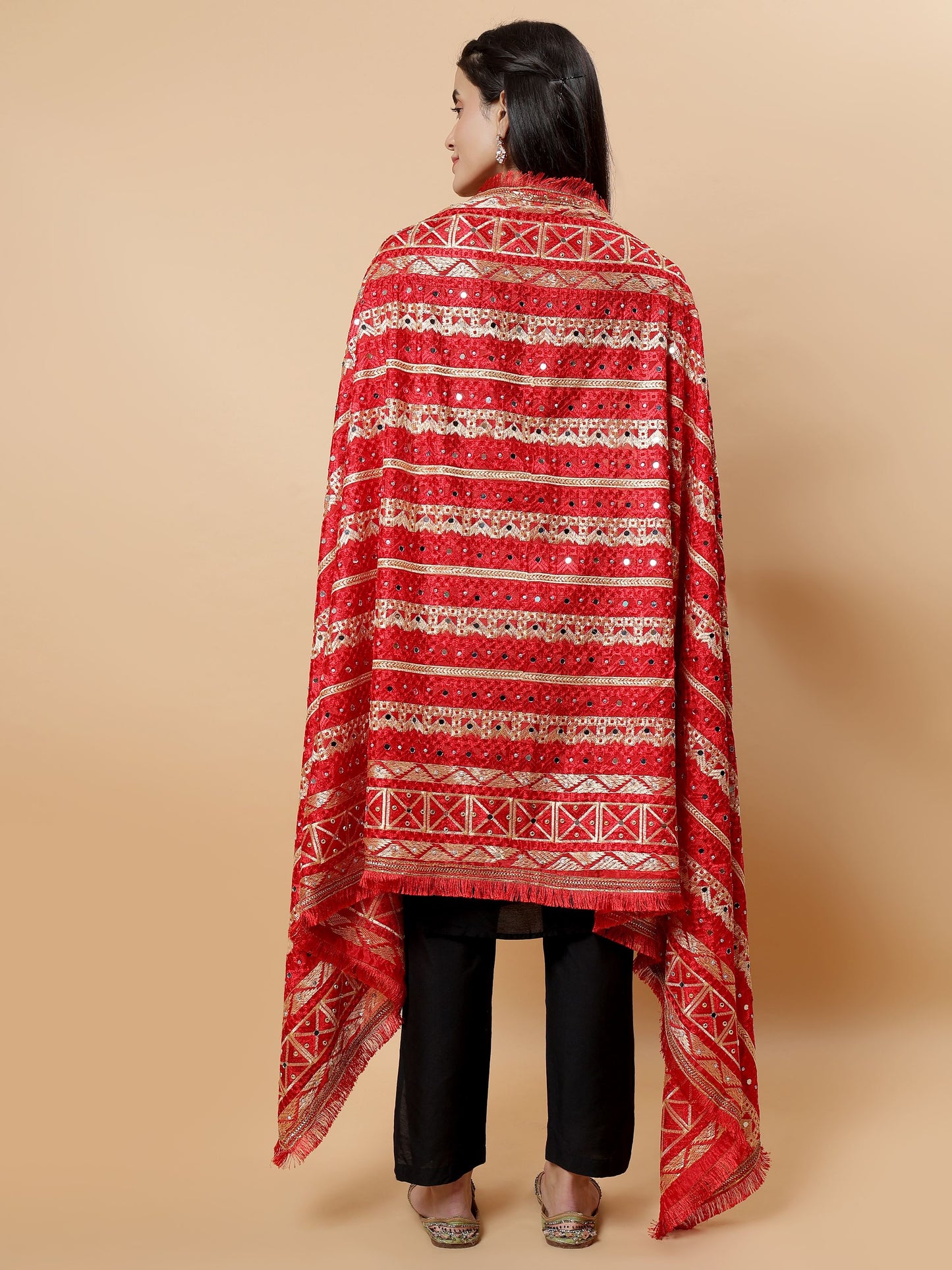 Red Multicolor Phulkari Dupattawith Mirror Work | MCMMPD0293