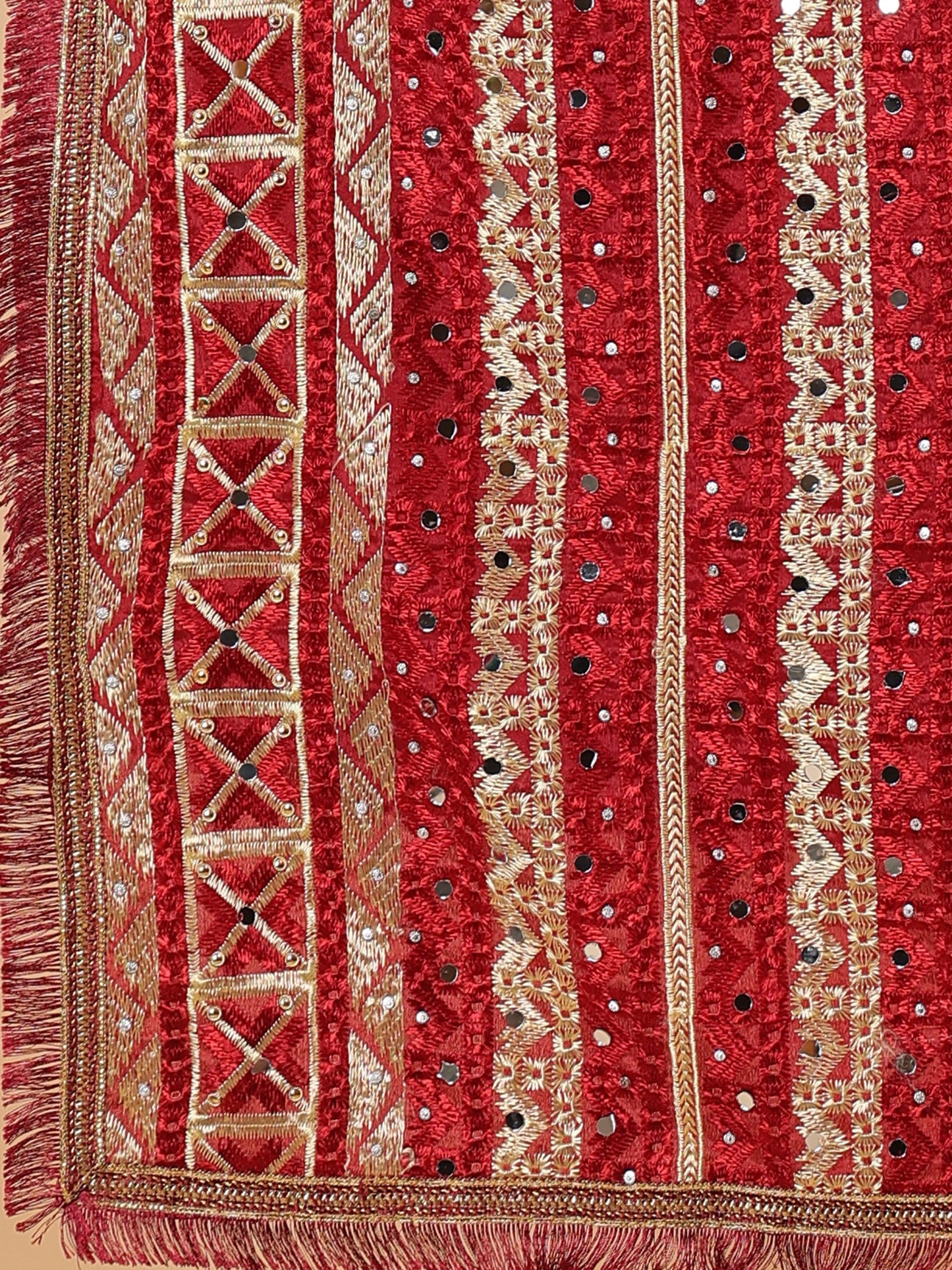 Maroon Multicolor Phulkari Dupatta with Mirror Work | MCMMPD0294