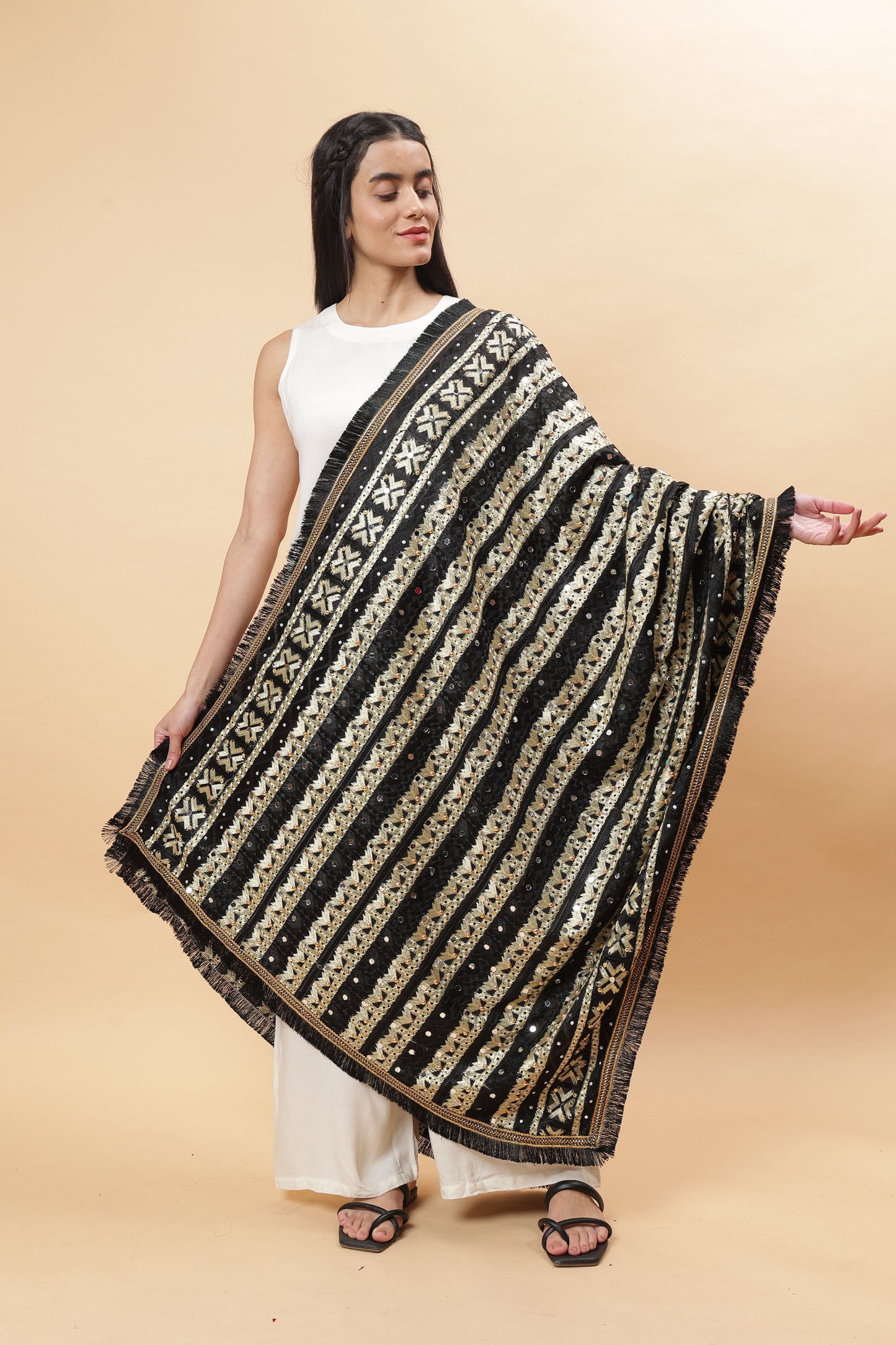 Black Multicolor Phulkari Dupatta with Mirror Work | MCMMPD0301