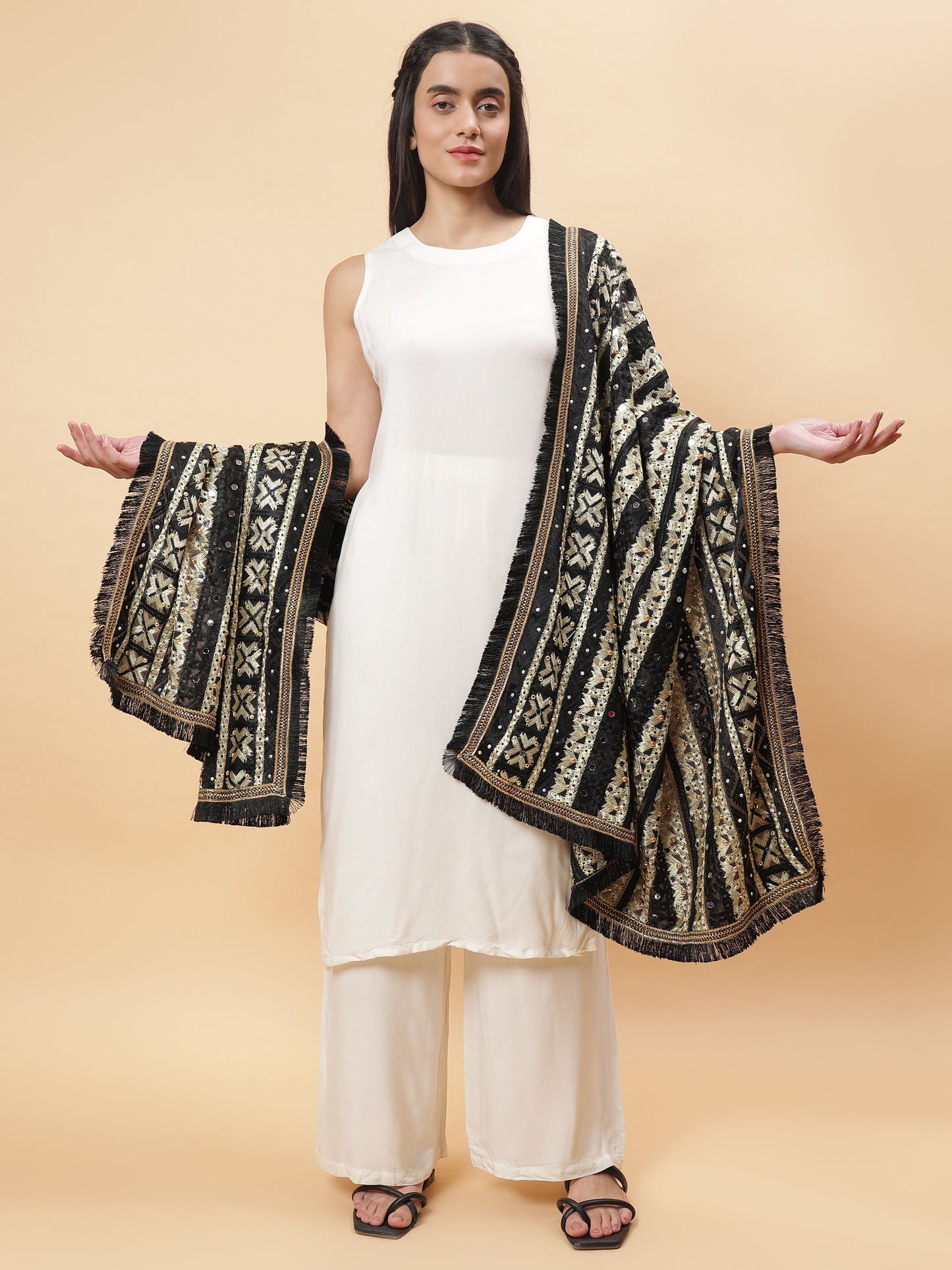 Black Multicolor Phulkari Dupatta with Mirror Work | MCMMPD0301