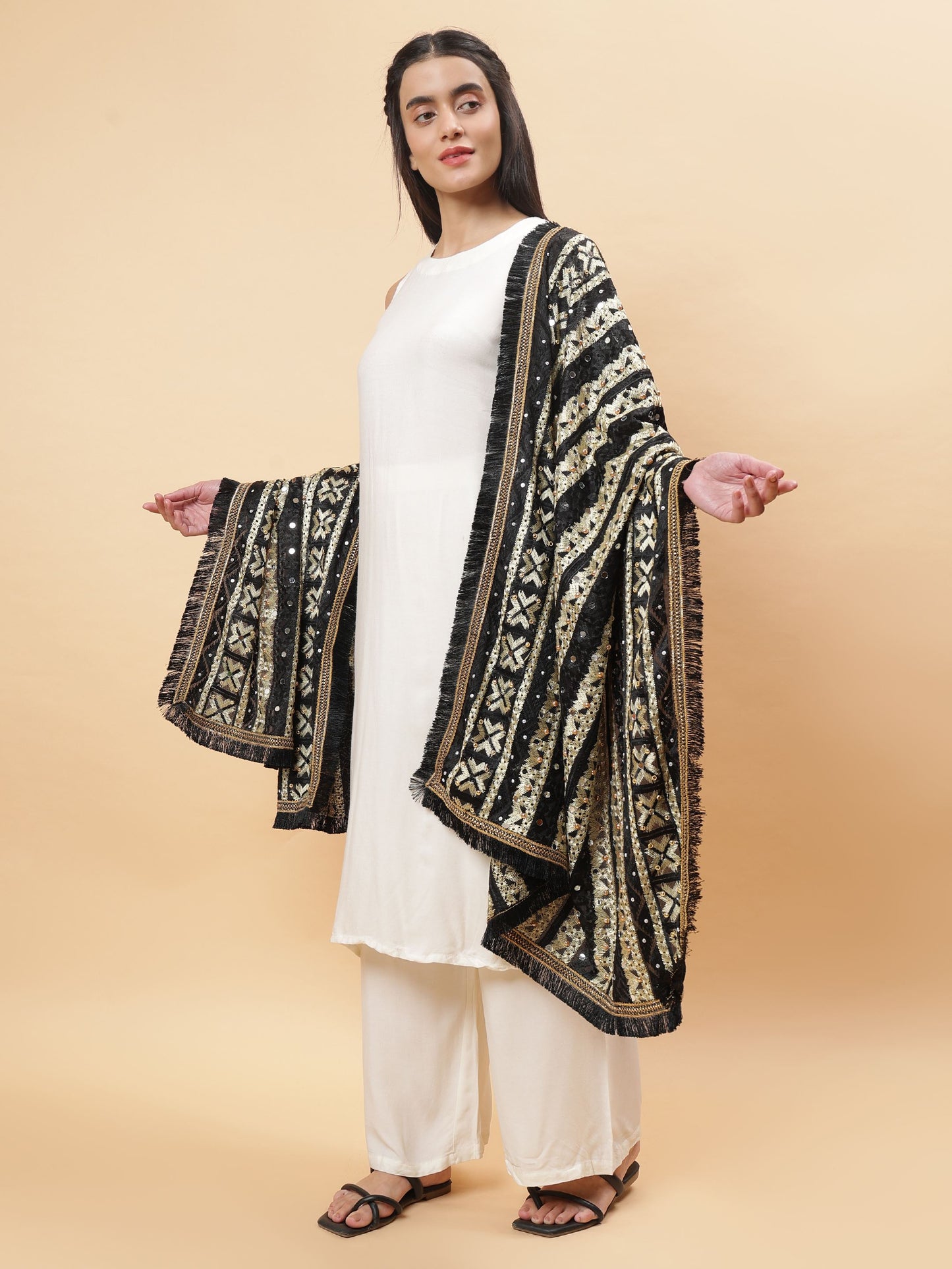 Black Multicolor Phulkari Dupatta with Mirror Work | MCMMPD0301