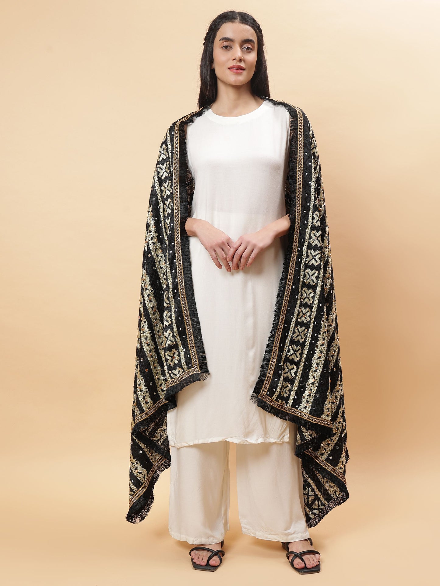 Black Multicolor Phulkari Dupatta with Mirror Work | MCMMPD0301