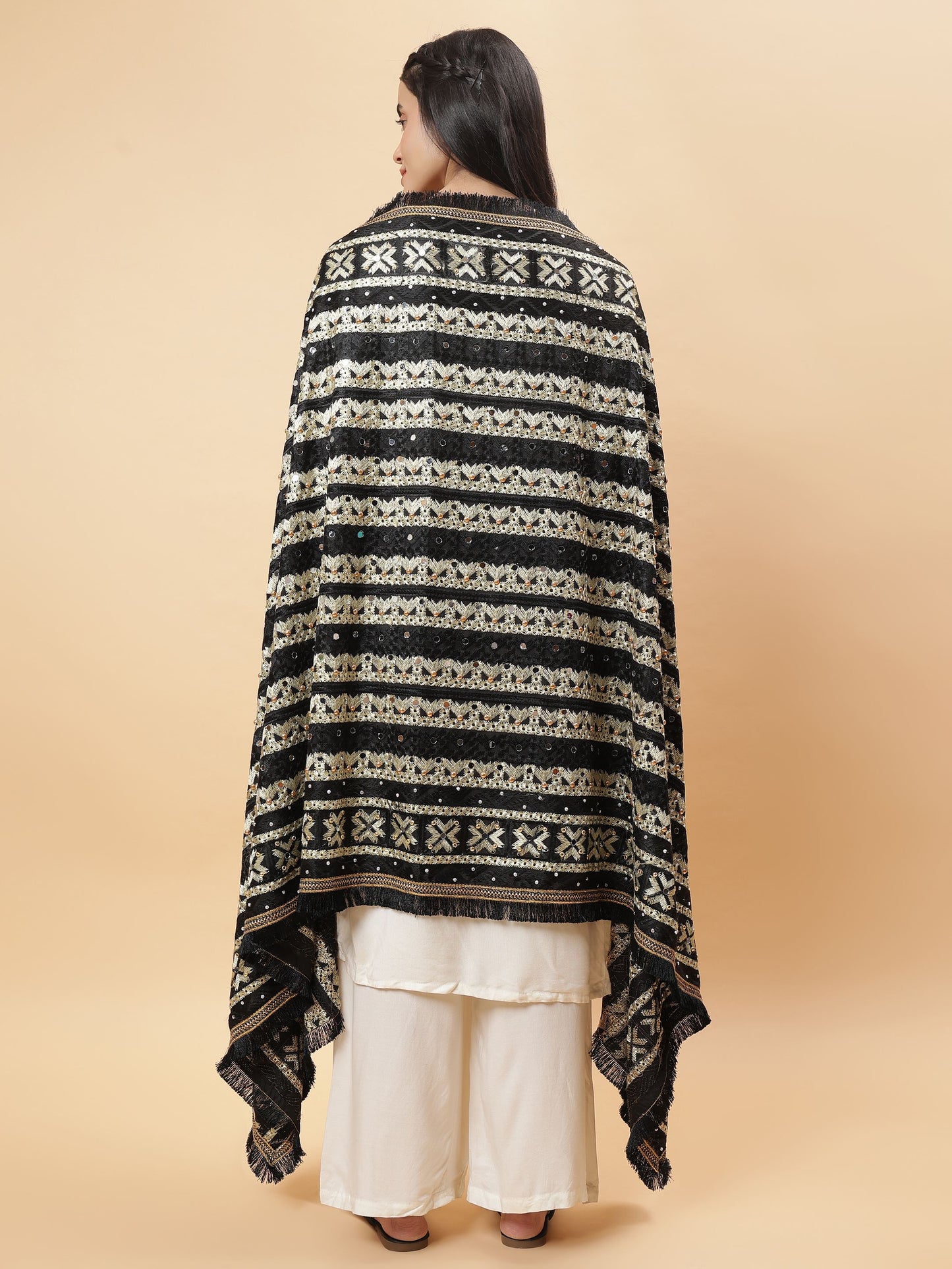 Black Multicolor Phulkari Dupatta with Mirror Work | MCMMPD0301