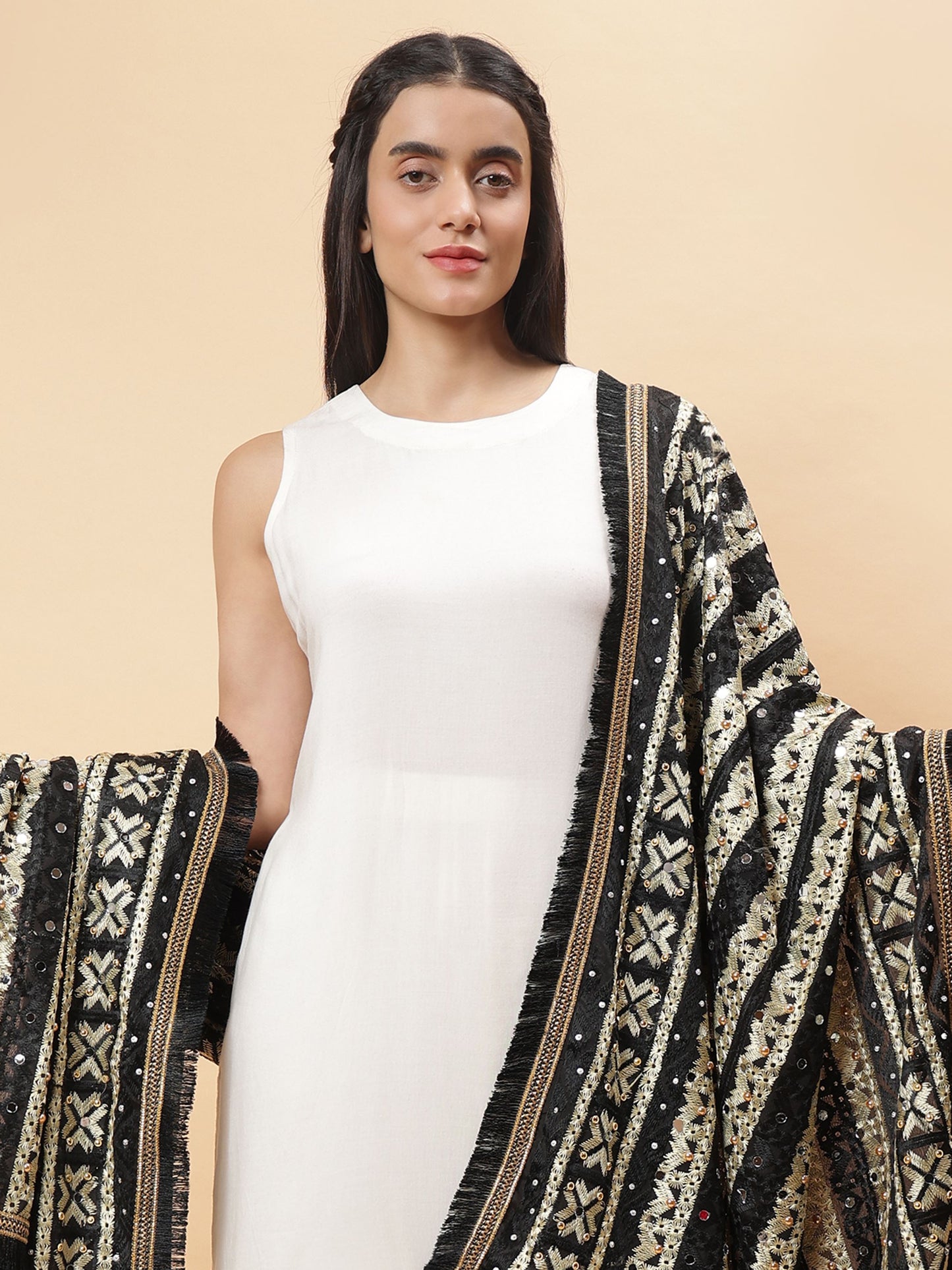 Black Multicolor Phulkari Dupatta with Mirror Work | MCMMPD0301