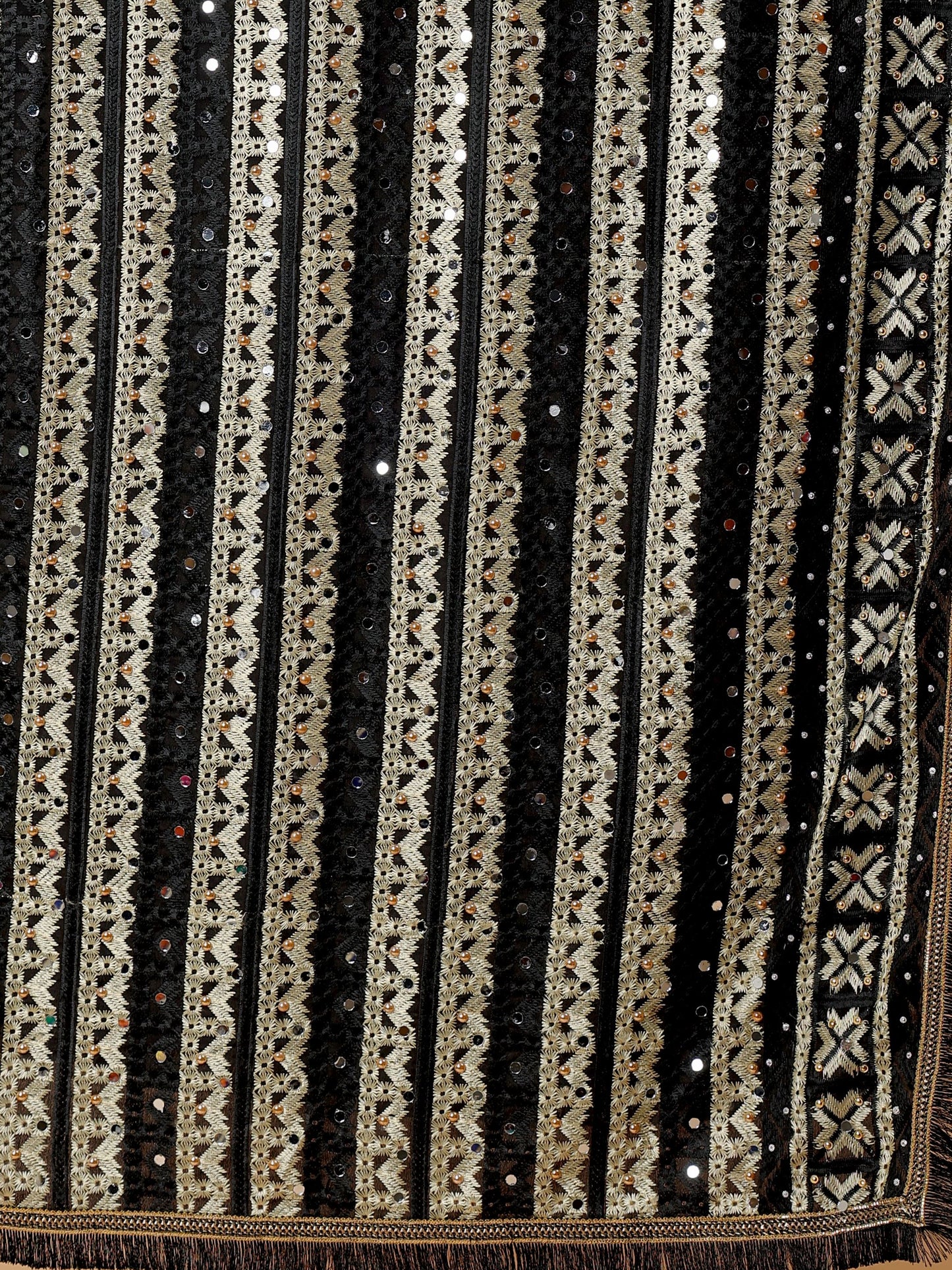 Black Multicolor Phulkari Dupatta with Mirror Work | MCMMPD0301