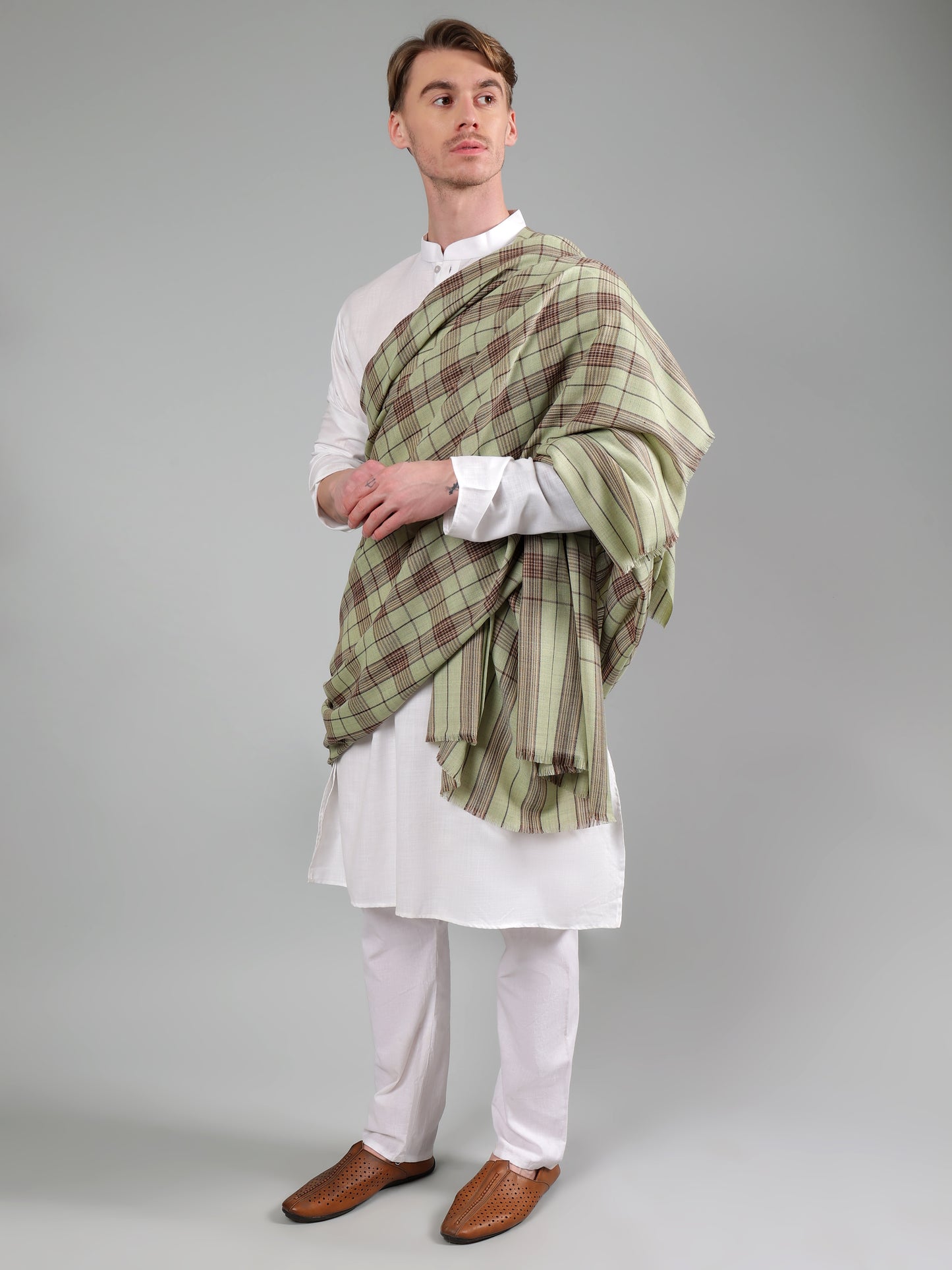 Premium Pure Wool Men's Shawl – Olive & Maroon Checkered