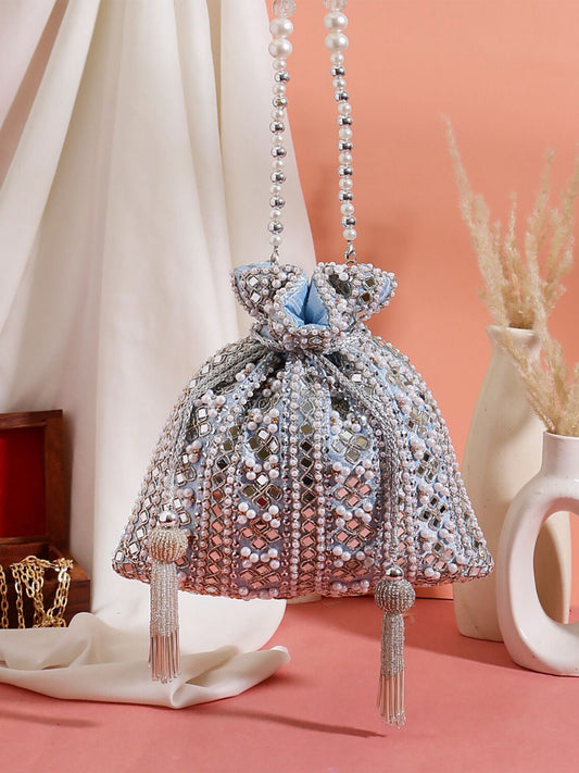 Celestia Mirror Embellished Potli Bag – Icy Blue Sparkle (9 x 8.5 in)