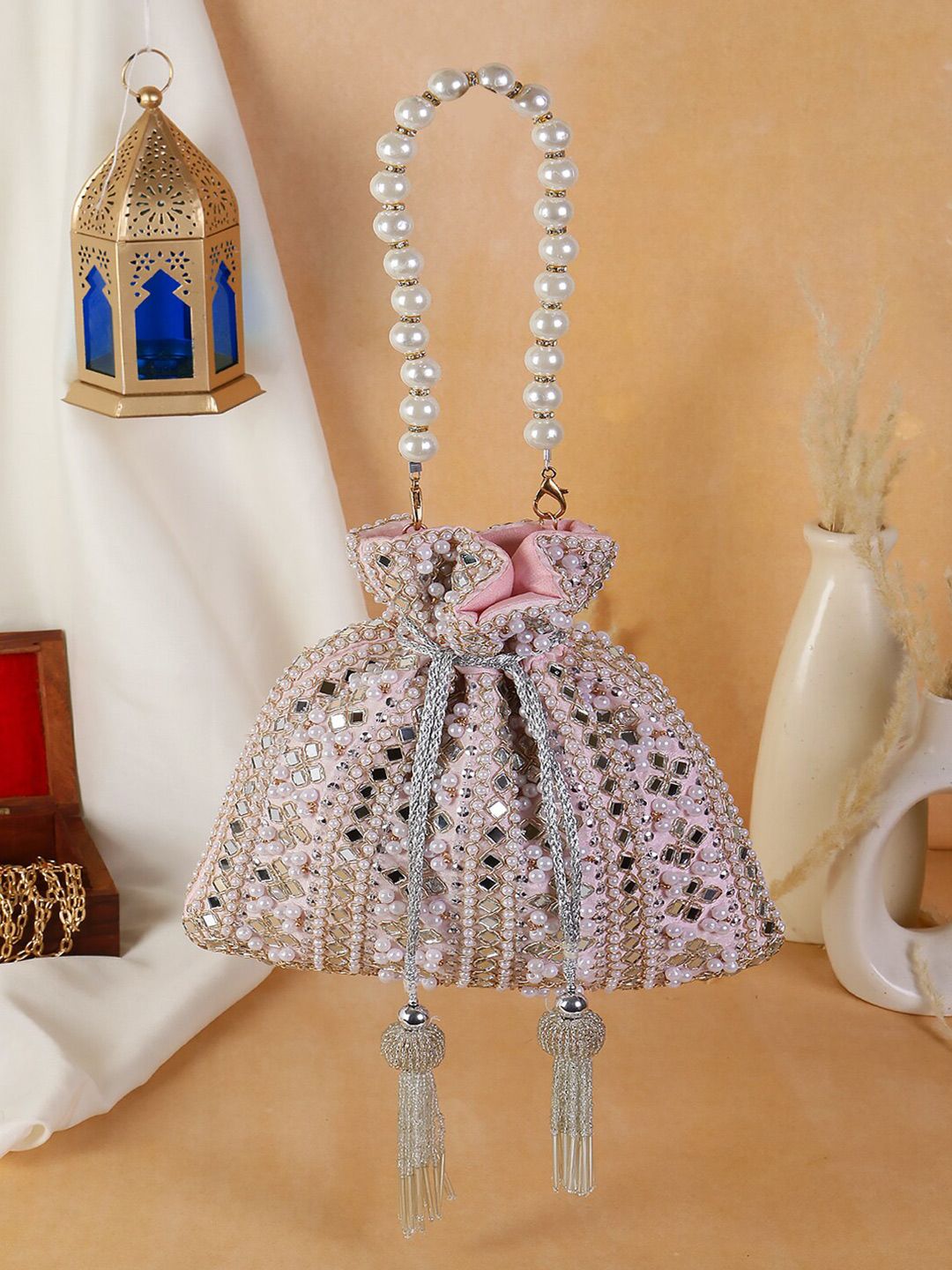 Roselia Mirror Embellished Potli Bag – Blush Pink Elegance (9 x 8.5 in)