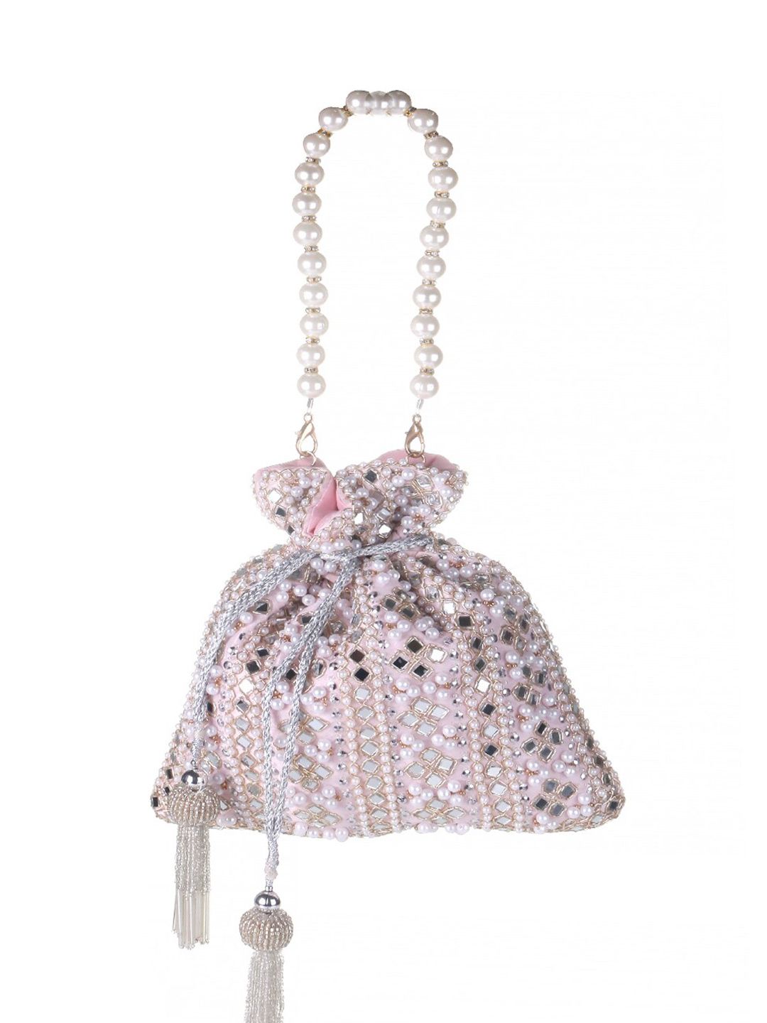 Roselia Mirror Embellished Potli Bag – Blush Pink Elegance (9 x 8.5 in)