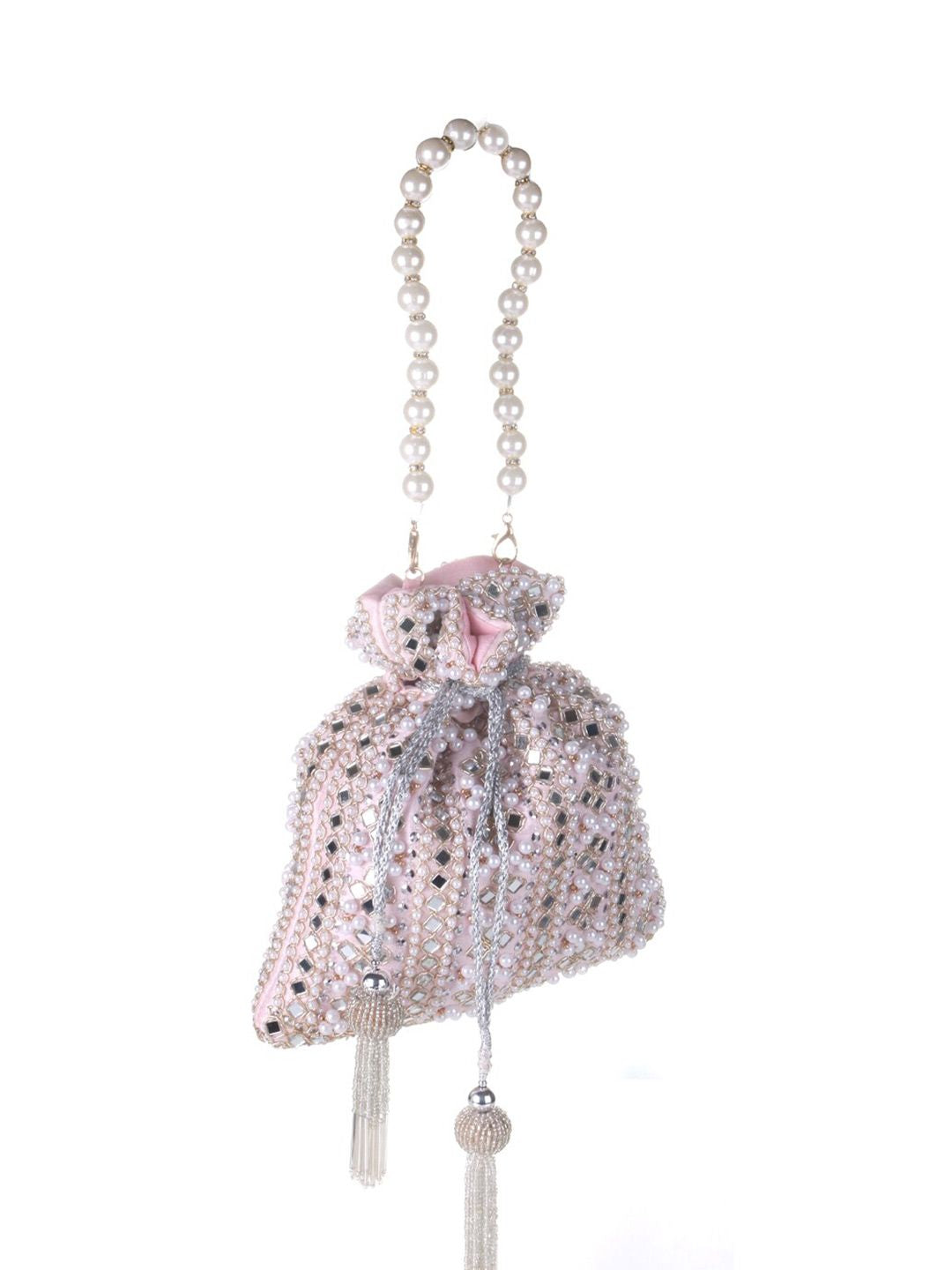 Roselia Mirror Embellished Potli Bag – Blush Pink Elegance (9 x 8.5 in)