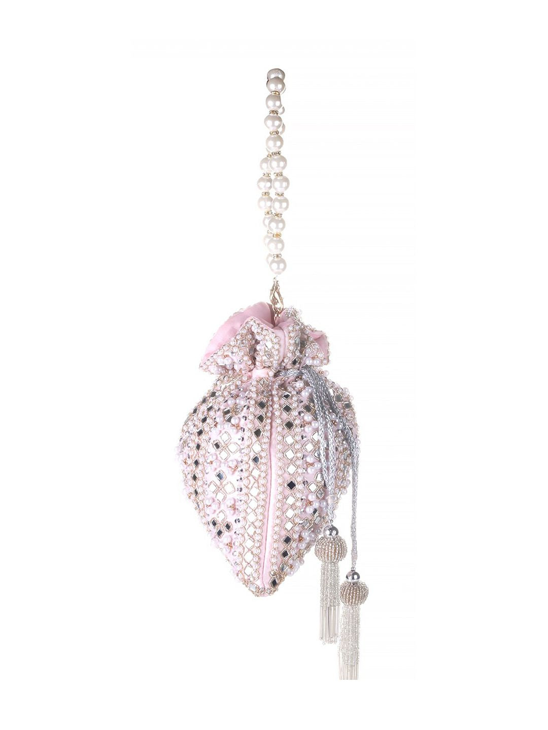 Roselia Mirror Embellished Potli Bag – Blush Pink Elegance (9 x 8.5 in)