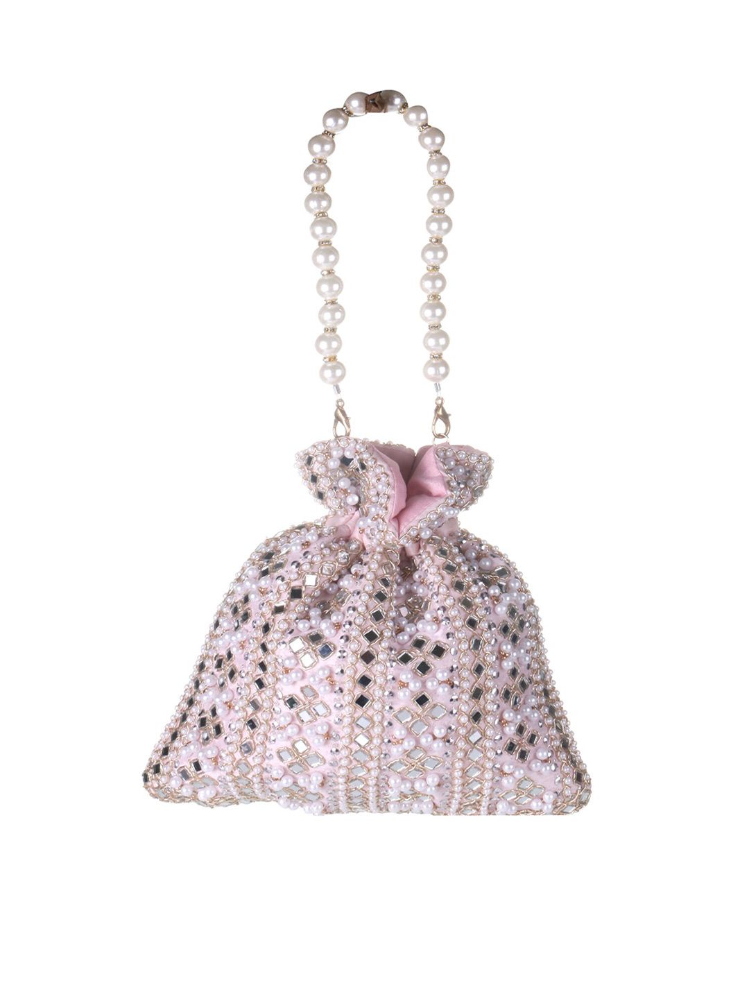 Roselia Mirror Embellished Potli Bag – Blush Pink Elegance (9 x 8.5 in)
