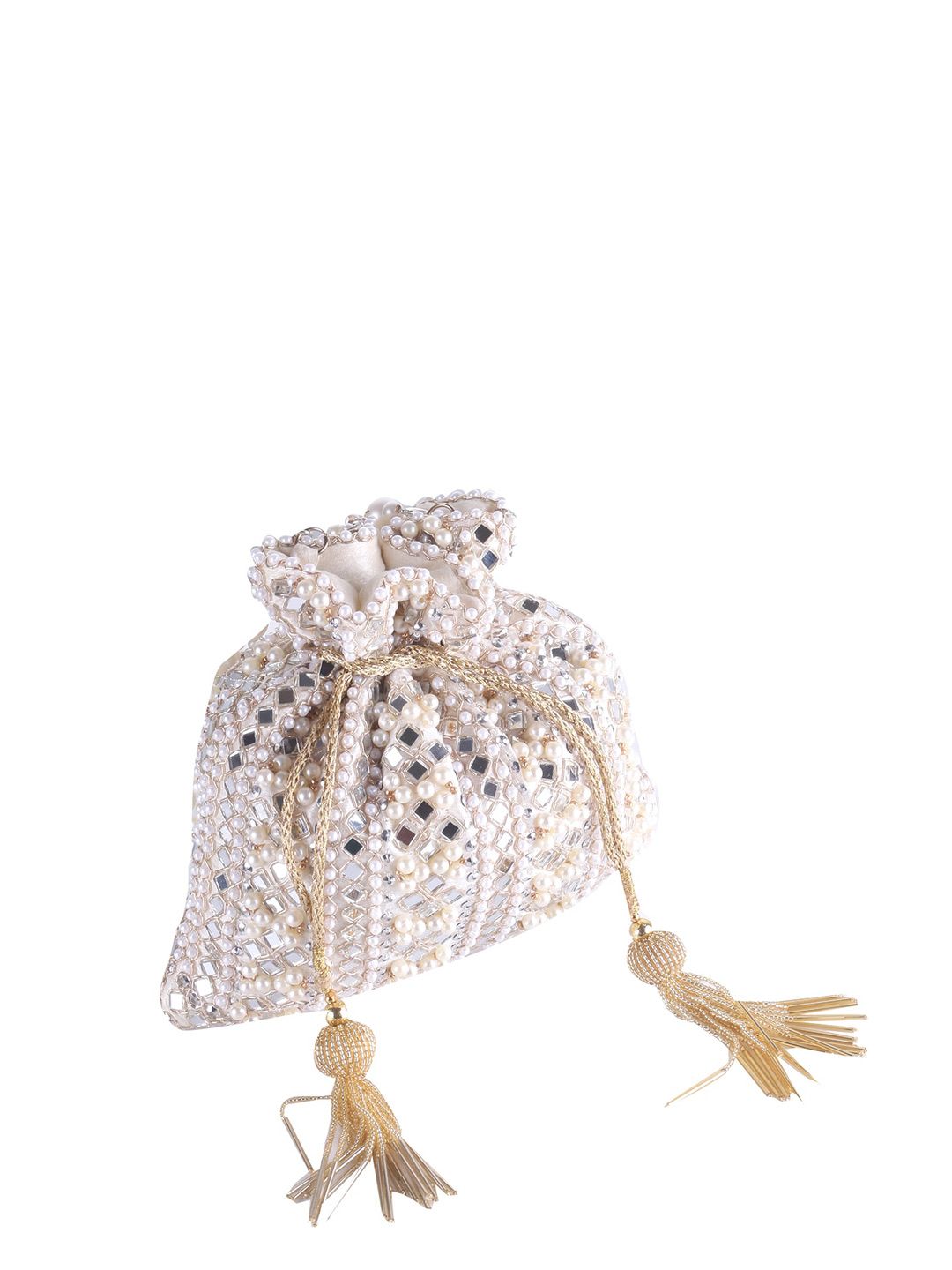 Ivory Lume Mirror Embellished Potli Bag – Golden Grace (9 x 8.5 in)