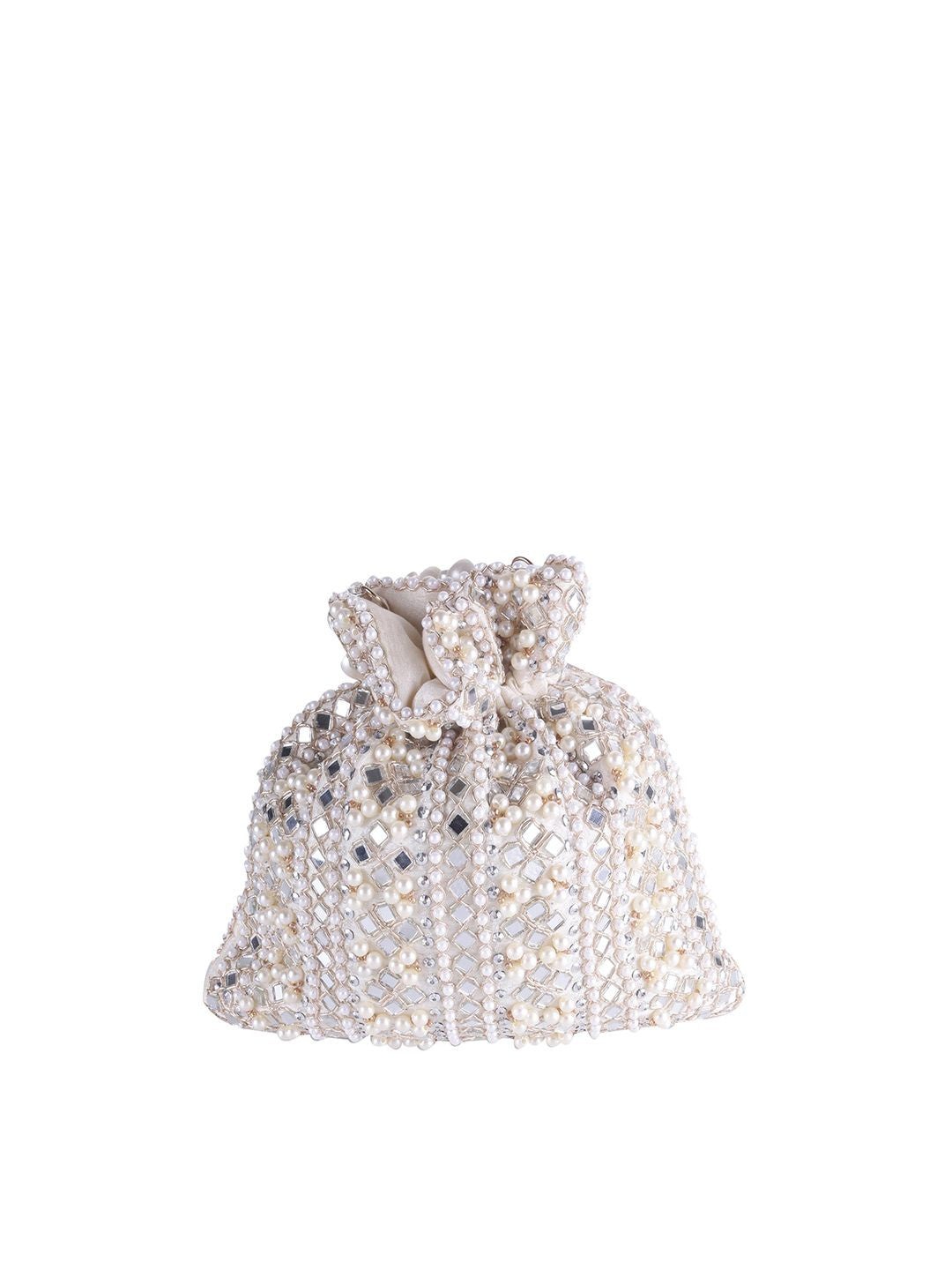 Ivory Lume Mirror Embellished Potli Bag – Golden Grace (9 x 8.5 in)