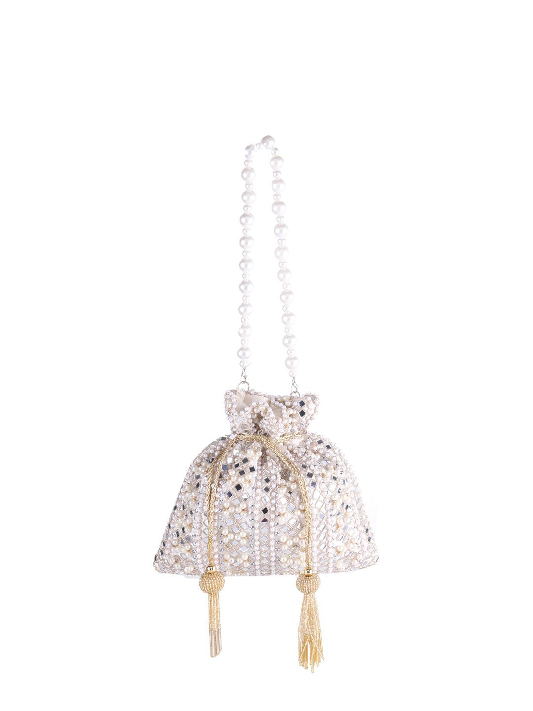Ivory Lume Mirror Embellished Potli Bag – Golden Grace (9 x 8.5 in)