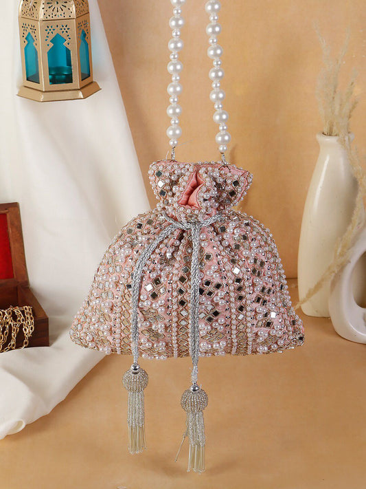 Peach Blush Mirror Embellished Potli Bag – Soft Radiance (9 x 8.5 in)