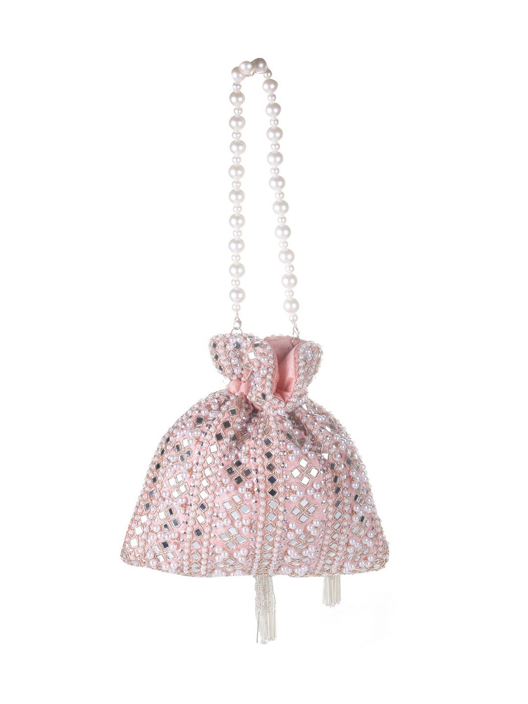 Peach Blush Mirror Embellished Potli Bag – Soft Radiance (9 x 8.5 in)
